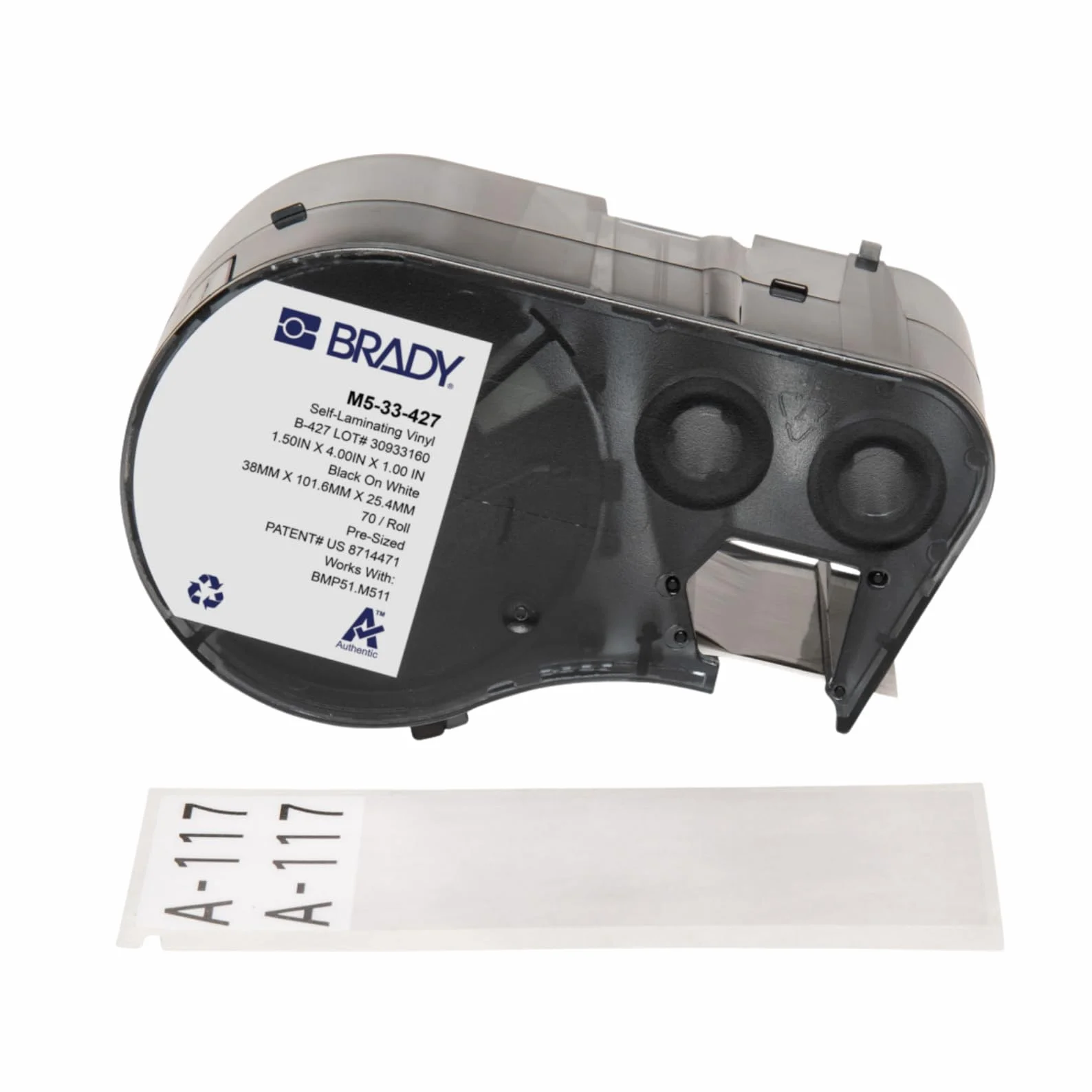 Brady Winylowa taśma do etykiet do etykieciarek BMP51/BMP53/M511 - Samoprzylepne etykiety winylowe - Czarny na przezroczystym (38,10 mm (L) x 6,10 m (l)) - M5C-1500-595-CL-BK