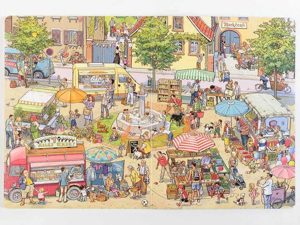 Auf zum Markt!: Eine Wimmelbilder-Geschichte. Vierfarbiges Pappbilderbuch
