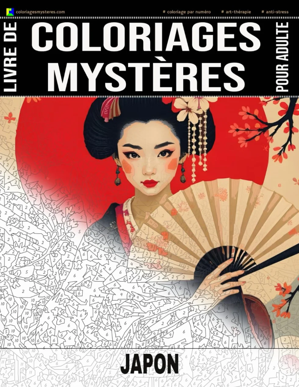 JAPON - Livre de Coloriages Mystères pour adulte - Coloriage par Numéro - Art-Thérapie - Anti-Stress: 20 dessins à colorier sur le Japon + 5 autres ... ! Coloriages géométriques (Idée cadeau)