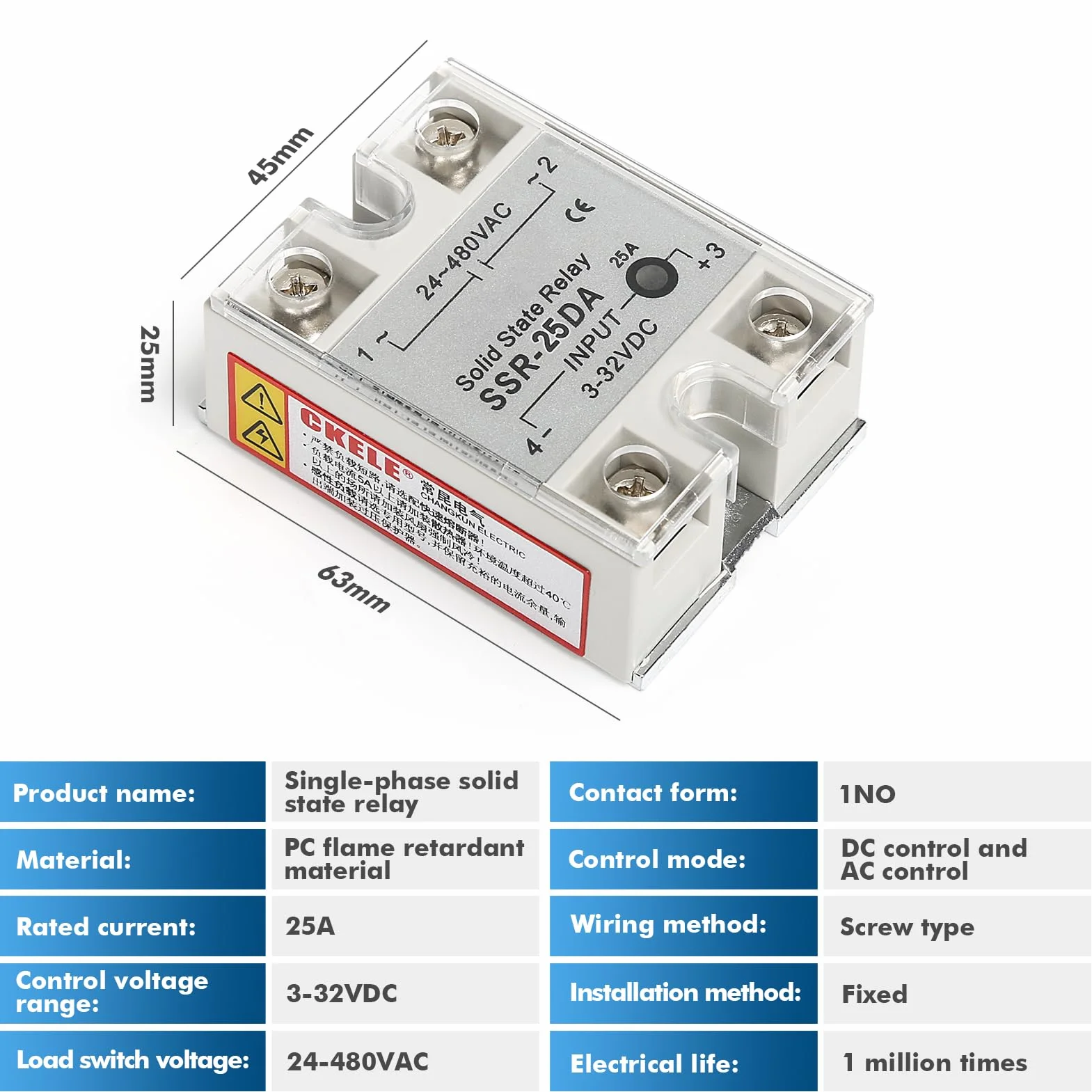 Jadeshay Przekaźnik półprzewodnikowy, jednofazowy moduł przekaźnika półprzewodnikowego SSR-25DA DC do AC 3-32 V DC Wejście 24-480 V AC (rozmiar: 25A)