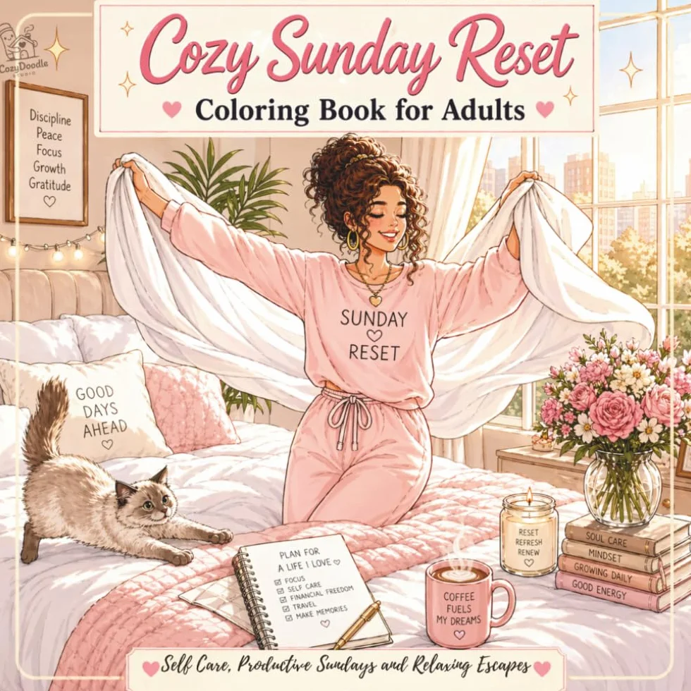 Cozy Sunday Reset Coloring Book for Adults: Fresh Starts, Clean Spaces, Journaling, Self Care