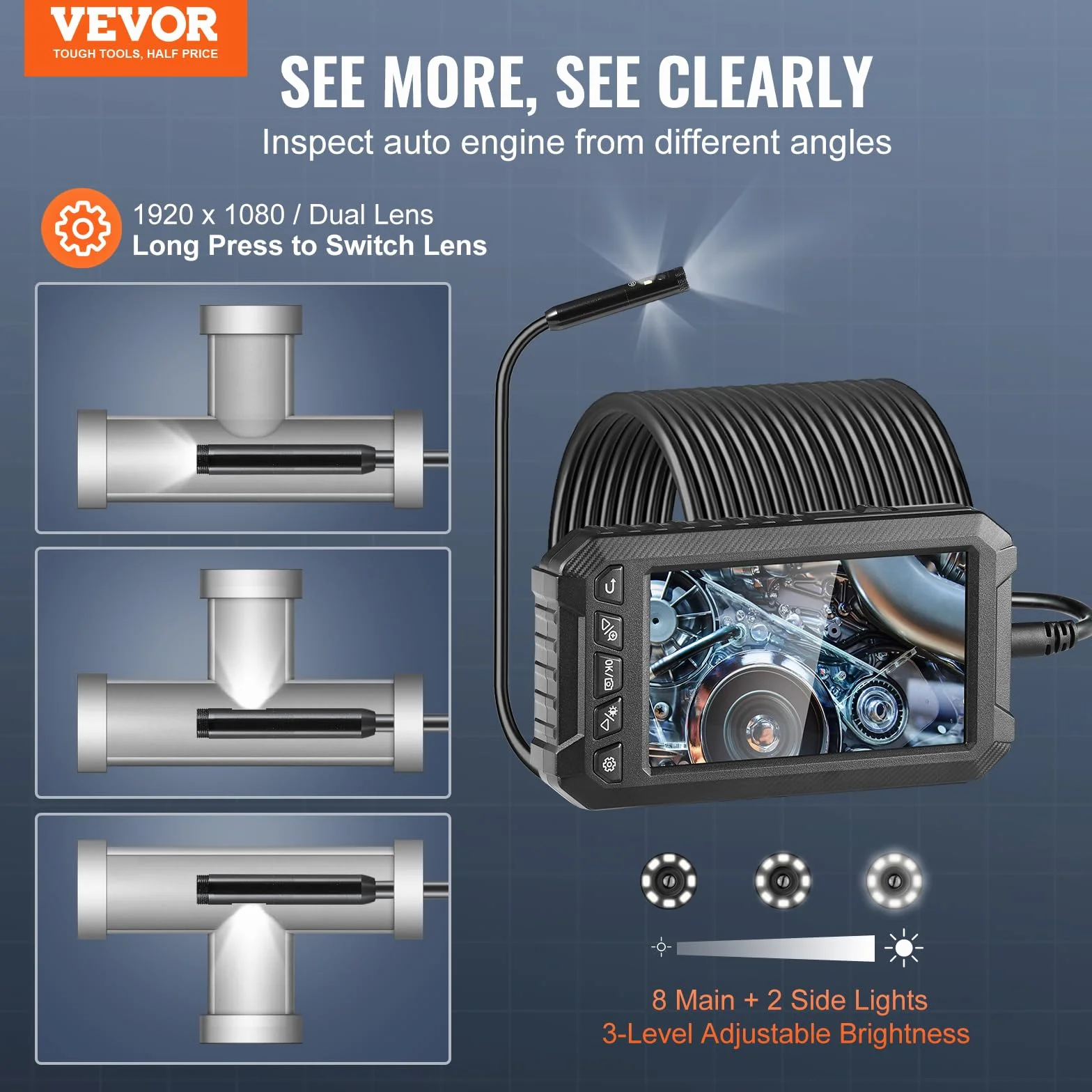 VEVOR Aparat endoskopowy, potrójna soczewka, endoskop z półsztywnym kablem o długości 15 m, ekran 12,7 cm, kamera inspekcyjna 1080p, 8 + 2 diody LED, wodoszczelność IP67, kamera wężykowa do samochodu,