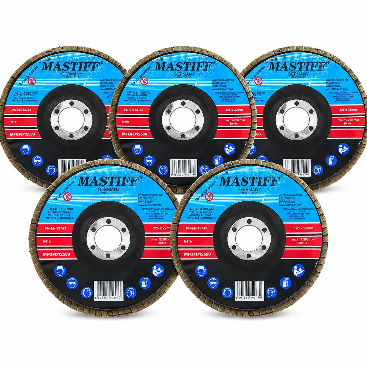 Tarcza listkowa lamelkowa 125 mm P60 do szlifowania drewna metalu i rdzy, 5sztuk, dysk ścierny do szlifierki kątowej 22,2 mm MASTIFF