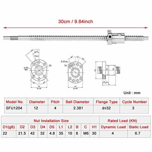 Ausla Śruba Kulowa SFU1204 300mm z Nakrętką Kulową Przeciwluzowa 12mm Skok 4mm do CNC