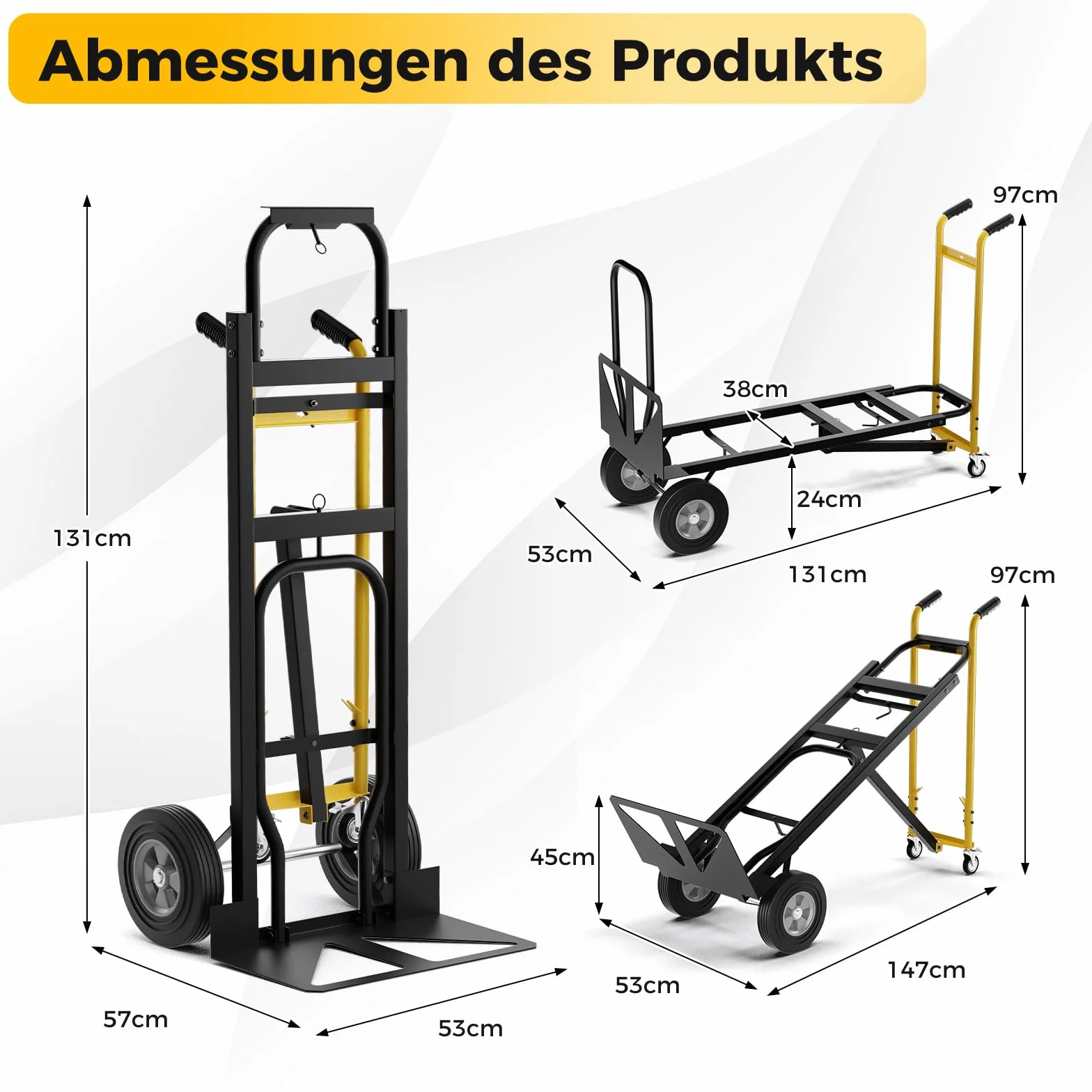 COSTWAY Wózek ręczny 3 w 1 składany wózek transportowy może udźwignąć do 360 kg/450 kg, wózek ręczny z 4 gumowymi oponami wraz z liną łączącą powierzchnia ładunkowa 25 x 29 cm / 130 x 38 cm, czarny