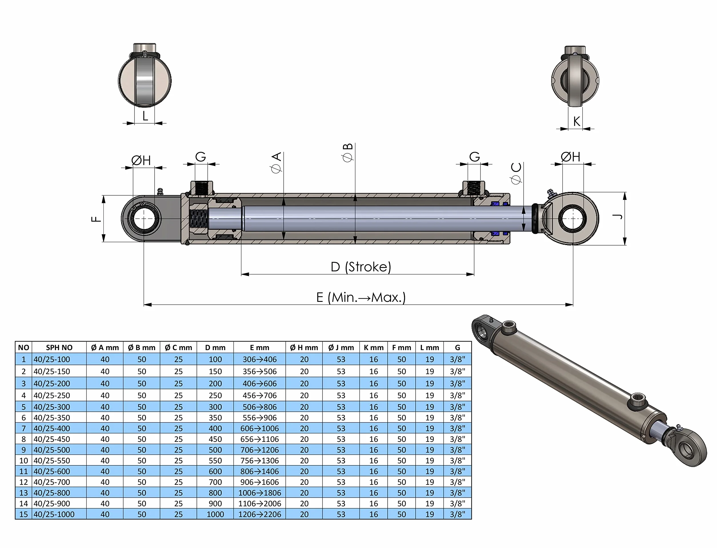 Cylinder siłownik hydrauliczny jednostronnego działania długość 40/25 (40/25-300 mm)