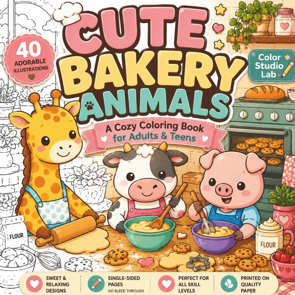 Cute Bakery Animals: A Cozy Coloring Book for Adults & Teens