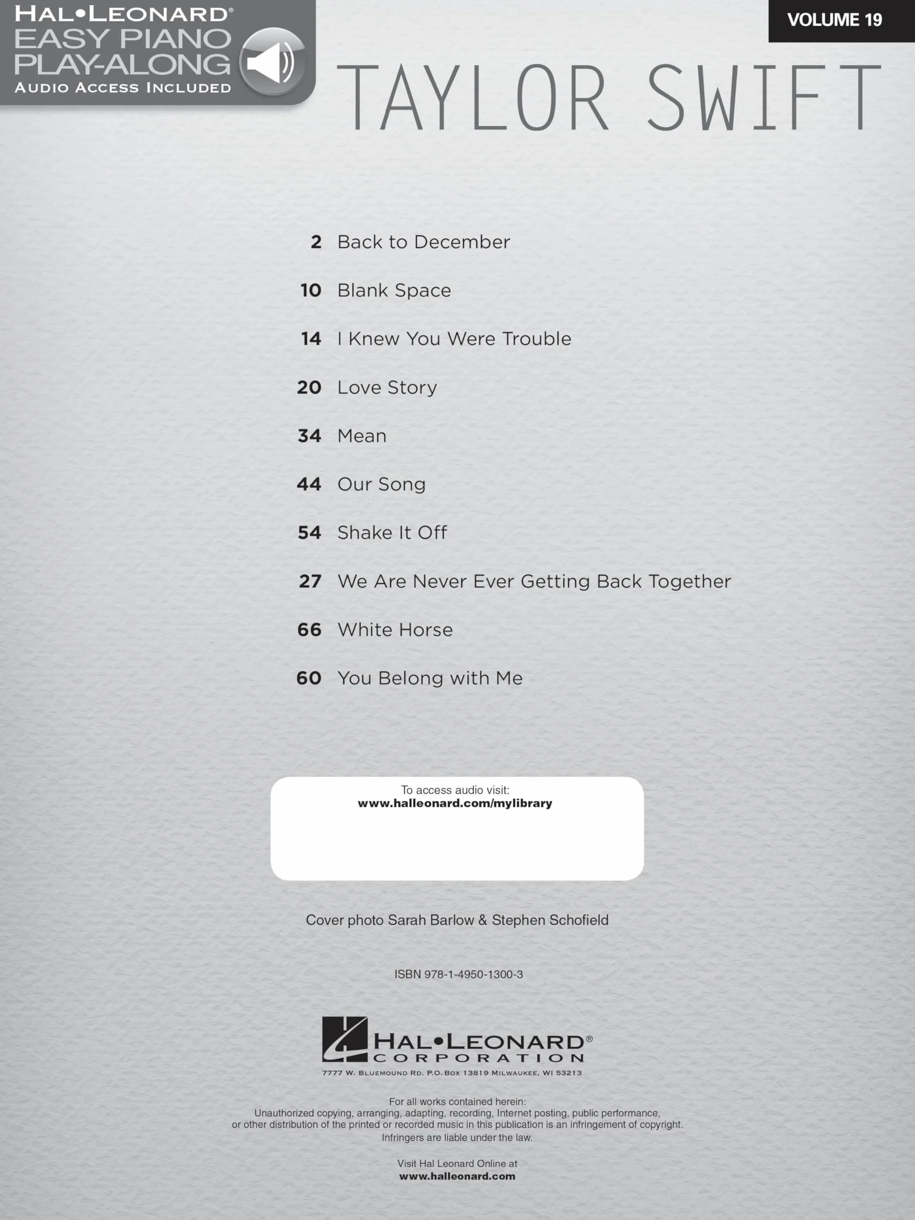 Taylor Swift Easy Piano Play-Along Volume 19: Recueil + Enregistrements en Ligne
