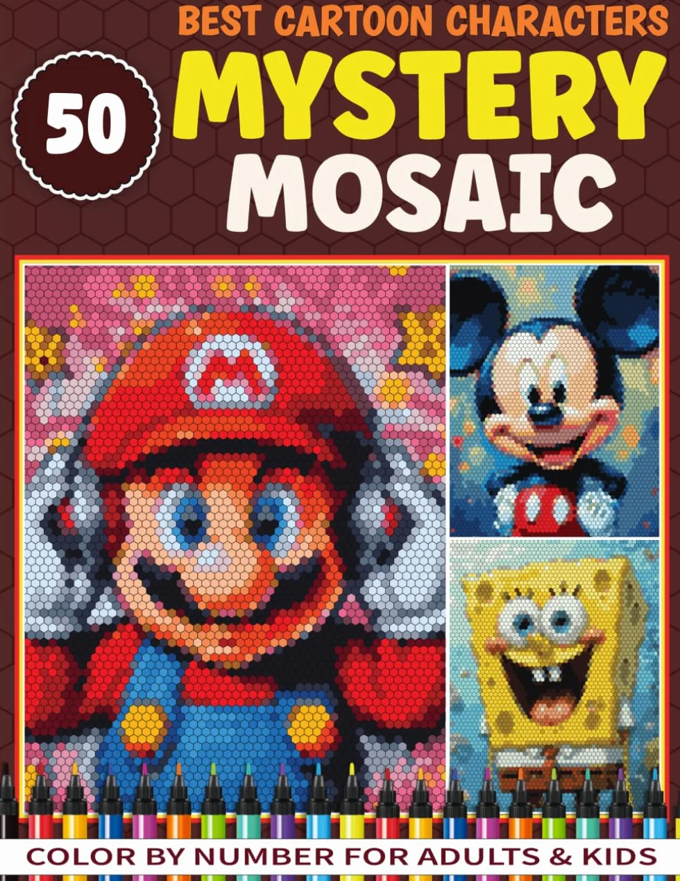 50 Cartoon Characters Mystery Mosaic: Hexagon Pixel Art Color by Number Mystery Mosaic – Fun & Relaxing for Adults and Kids