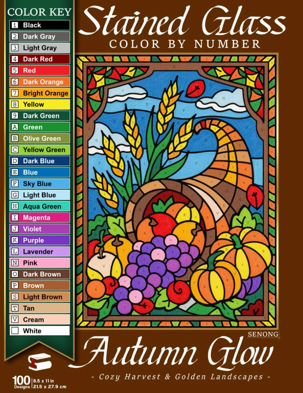 Autumn Glow Stained Glass Color By Number: Cozy Harvest & Golden Landscapes