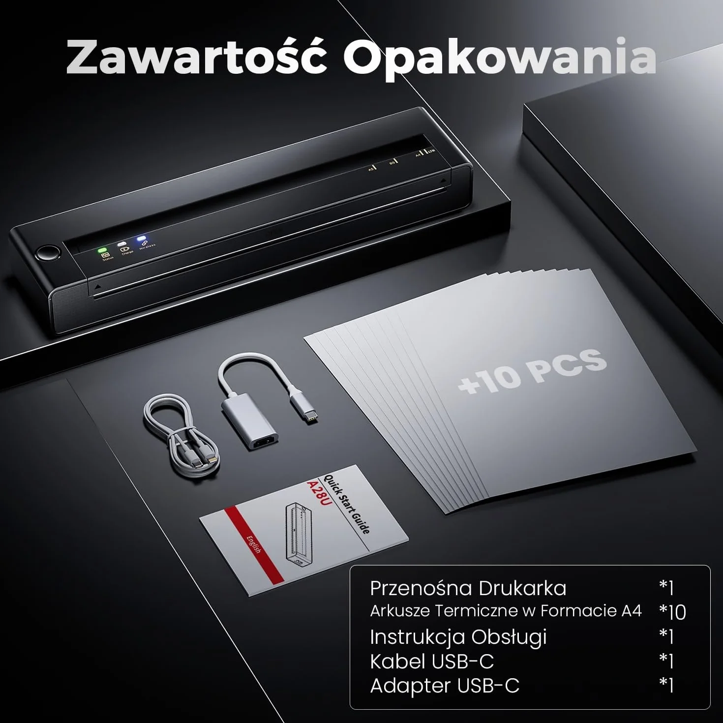 Drukarka Termiczna A4, Przenośna Drukarka Waży Tylko 585g, 300DPI Ostre Drukowanie & 1500mAh Długa Bateria, Bluetooth Kompatybilny z iOS i Android, Bezprzewodowa Drukarka Bez Tuszu dla Biura w Podróży