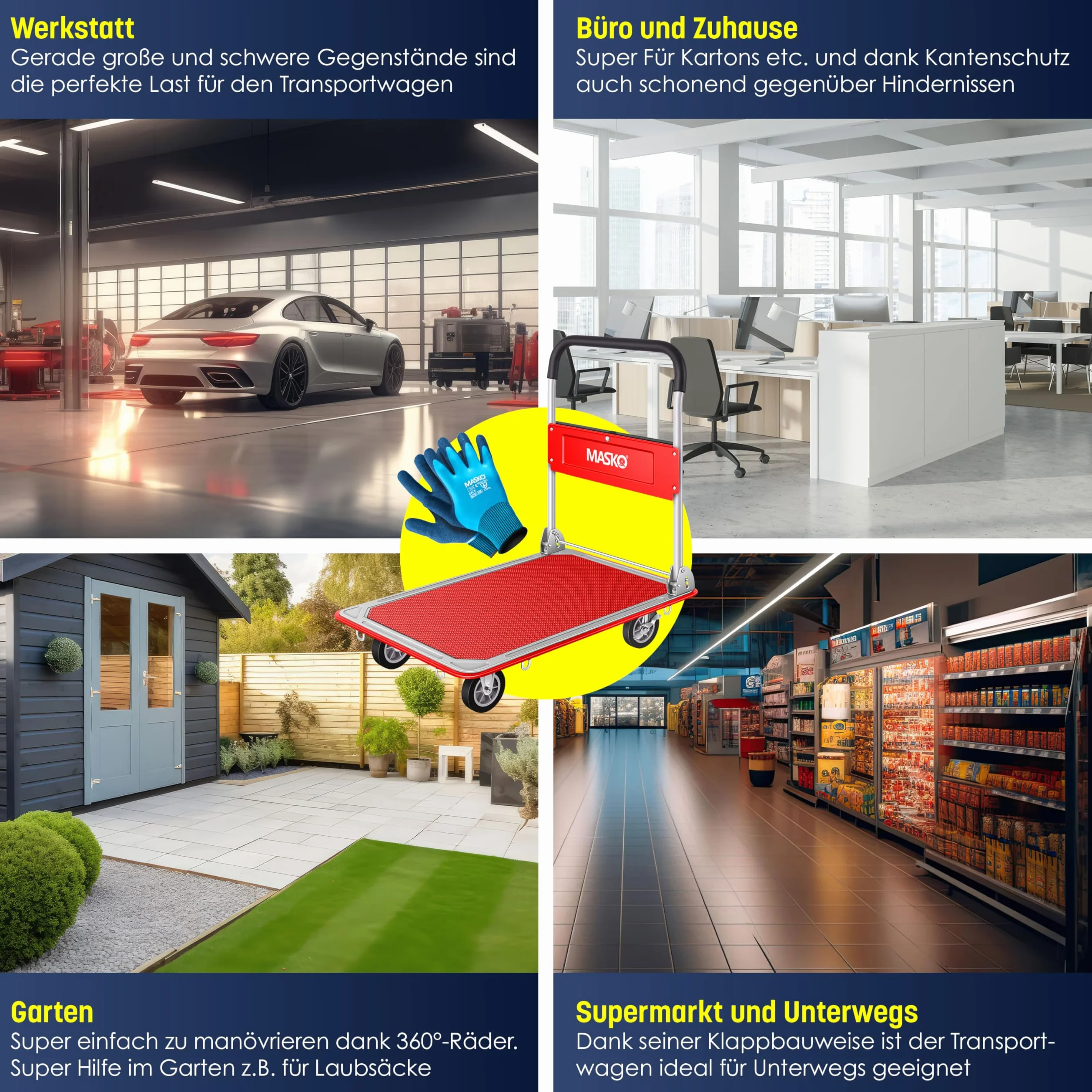 MASKO® Wózek z Platformą Transportowy, Składany z Rękawicami Roboczymi, Hamulec Postojowy, 6 Oczek Zabezpieczających, Kółka Skrętne 360°