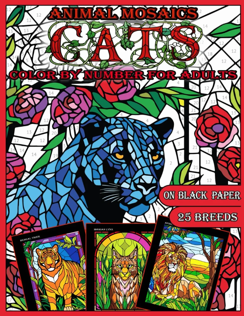 Mosaic Animals Cats Color by Number for Adults Stained Glass Activity Coloring Book Black Paper Stress Relief