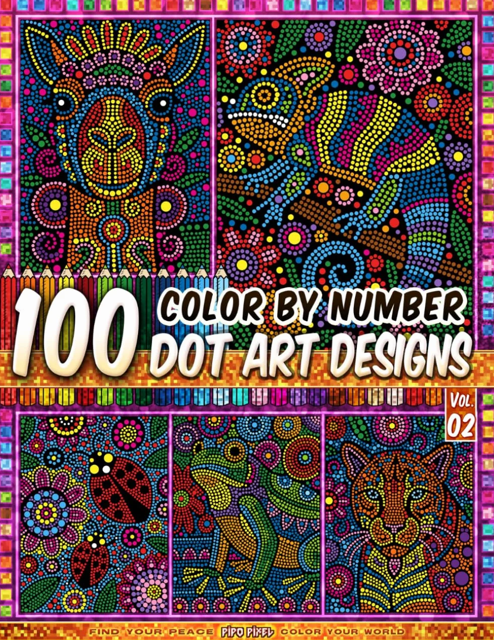 Dot Art Color by Number - Folk Art Animals Vol. 02: 100 Dot Art Designs Rustic Animal Patterns Floral Beauty