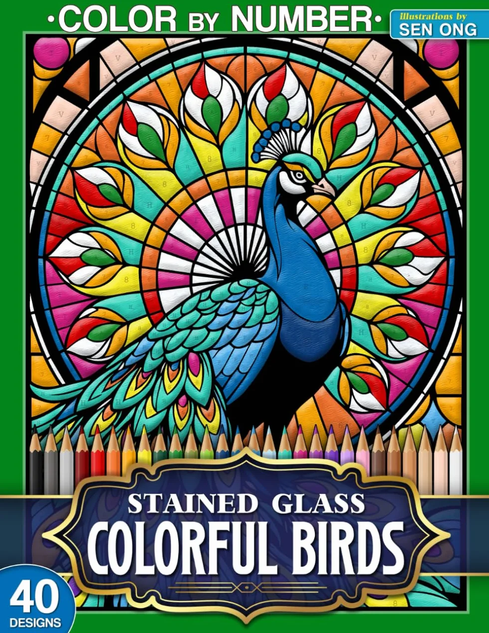 Colorful Birds Stained Glass Color by Number: 40 Designs for Bird Lovers