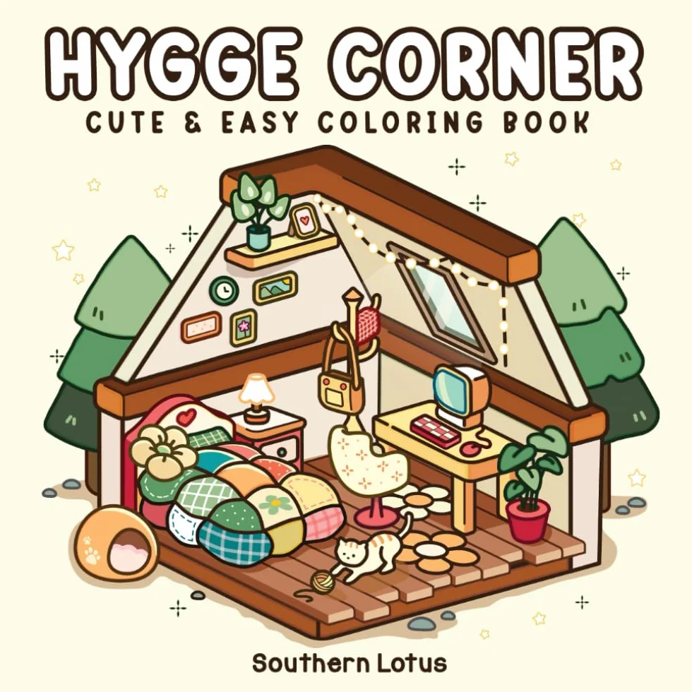 Hygge Corner: Coloring Book for Adults and Teens Featuring Cozy Corners and Pocket Spaces, Simple and Cute Animals Drawings for Relaxation and Stress Relief