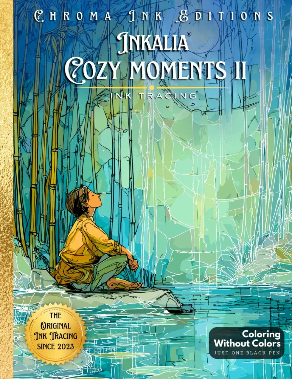 Inkalia: Cozy Moments 2 – Ink Tracing Coloring Book for Adults: Transform Relaxing Scenes Using Only One Black Pen - A Calm and Creative Reverse Coloring Experience