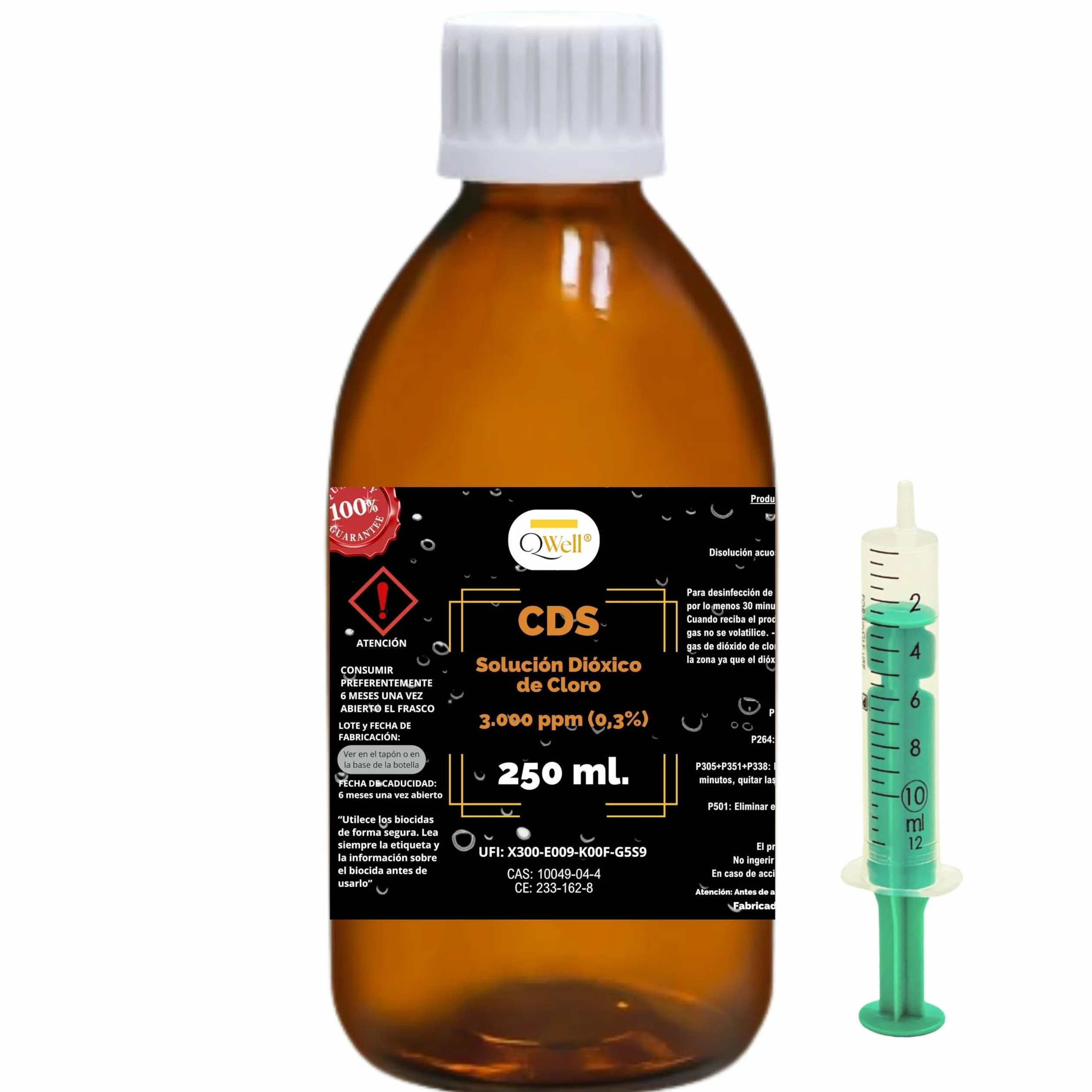 CDS 250 ml QWell | roztwór dwutlenku chloru 3000 ppm | bardzo wysoka czystość | bursztynowy kryształ z sterylnym dozownikiem i zakraplaczem | aktywny roztwór 0,3% w wodzie o bardzo dużej szczelności