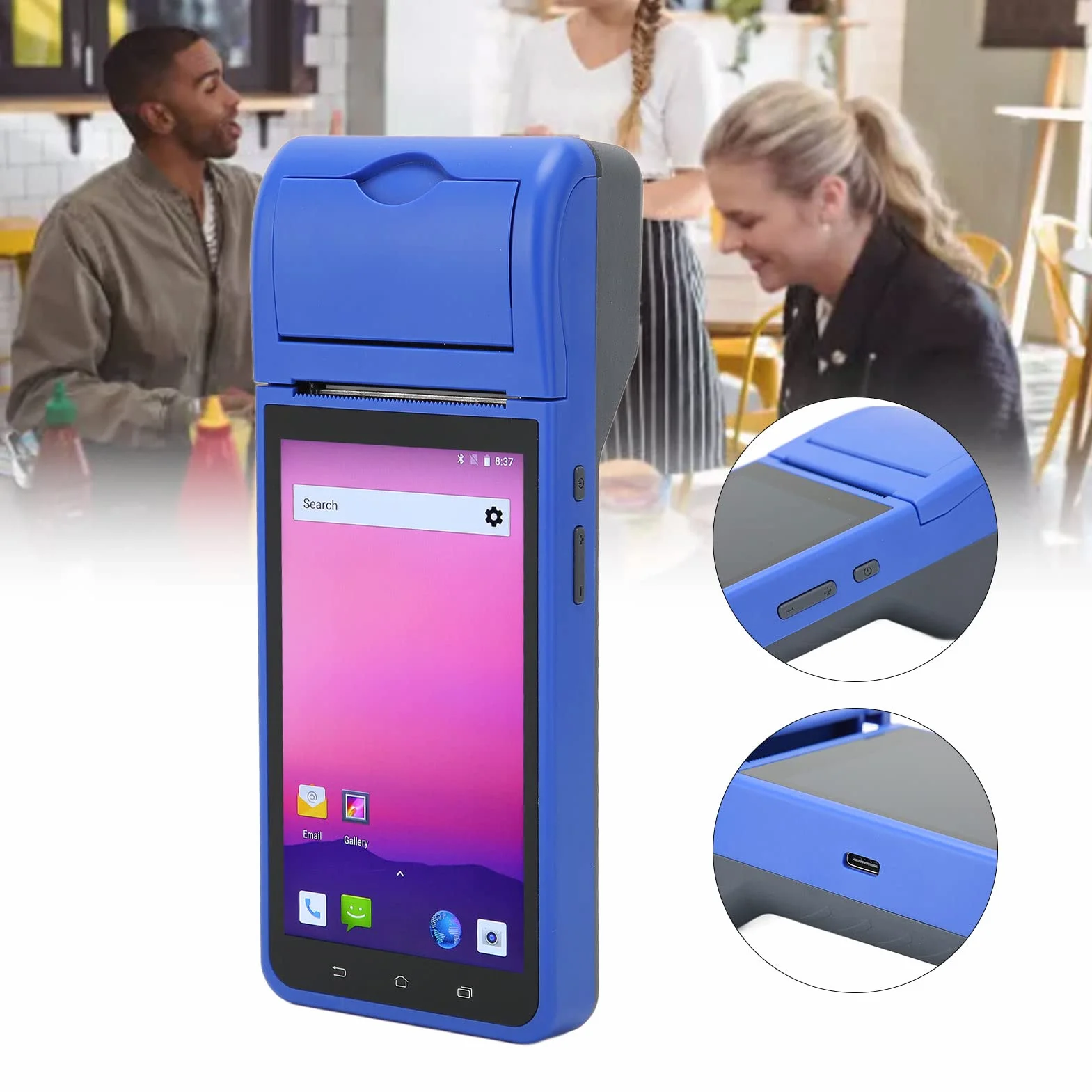 Drukarka Paragonów Biznesowych, Drukarka Termiczna 58 Mm z Ekranem Dotykowym Android OS 5,5", Obsługa Ręcznych Urządzeń POS 4G, Bluetooth, Wi-Fi dla Androida 8.1.0, dla Restauracji,(Niebieski)