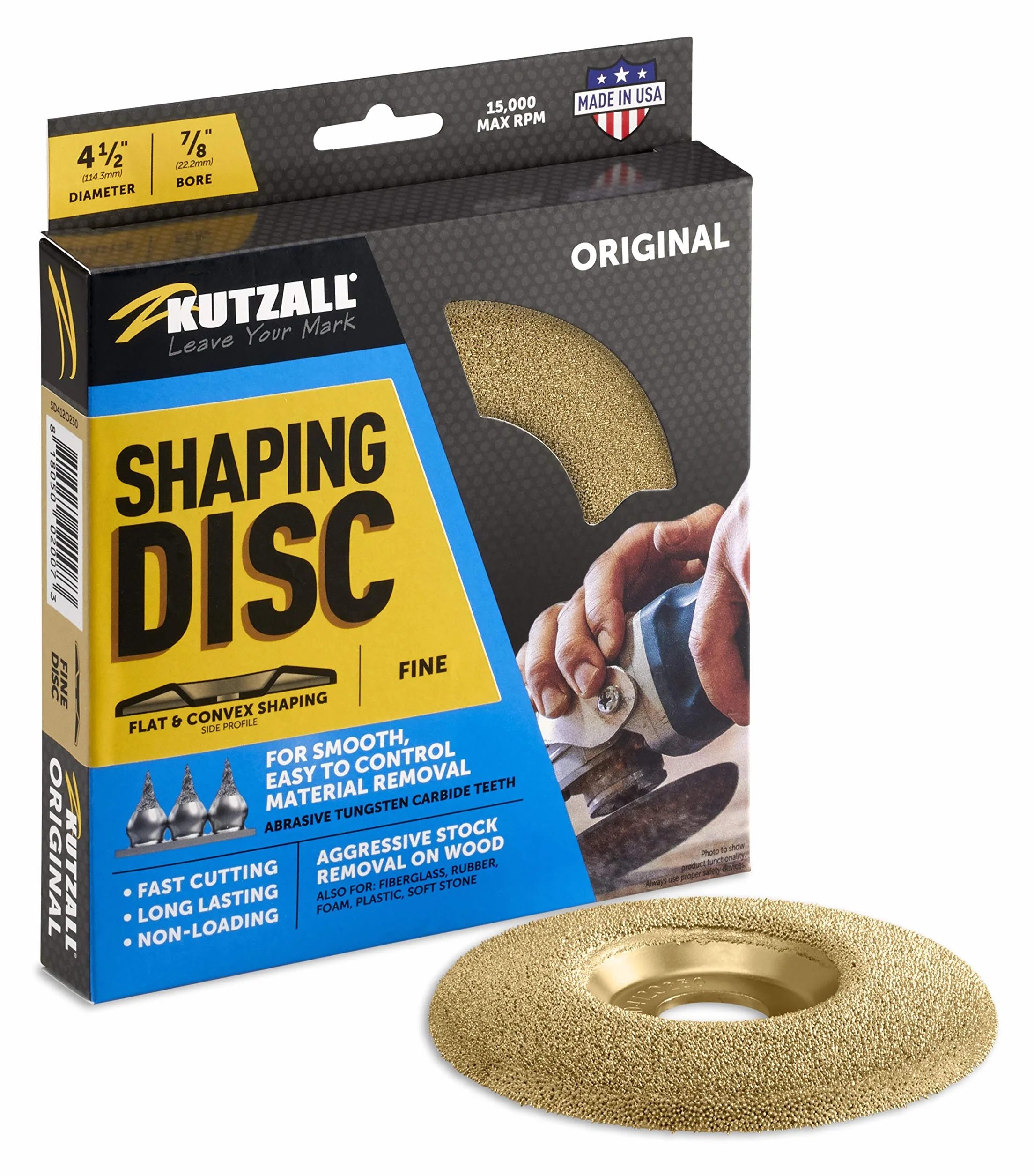 Kutzall Original Shaping Disc - Fine, 4-1⁄2" (114.3mm) Diameter X 7⁄8" (22.2mm) Bore - Coping Woodworking Angle Grinder Attachment for DeWalt, Bosch, Makita. Abrasive Tungsten Carbide, SD412O230