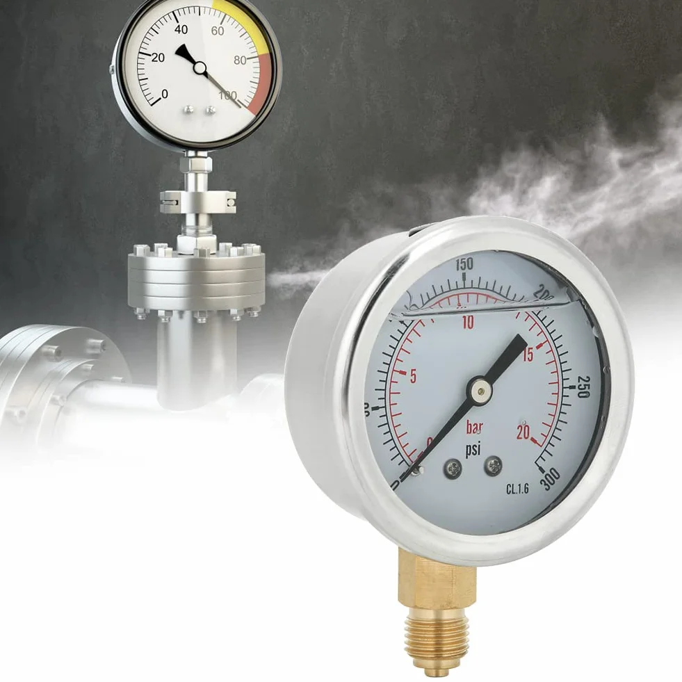 Oumefar TS-PGG604-20bar manometr wypełniony olejem mosiądz 1 / 4BSP Y60 Anti-Aging wysoka precyzja dla górnictwa o zakresie 0-20 bar, 0-300 psi dla przemysłu