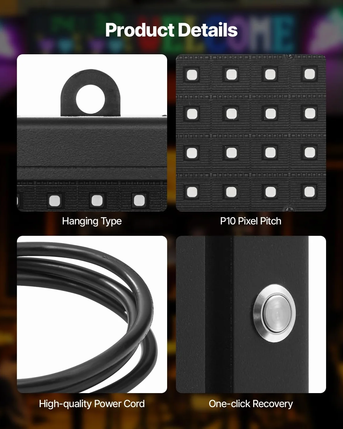 VEVOR Kolorowy elastyczny przesuwny panel cyfrowy P10 programowalny panel LED, panel wyświetlacza DIY, spersonalizowany wzór tekstu, sterowanie aplikacją Bluetooth GIF, 990 x 190 x 55 mm