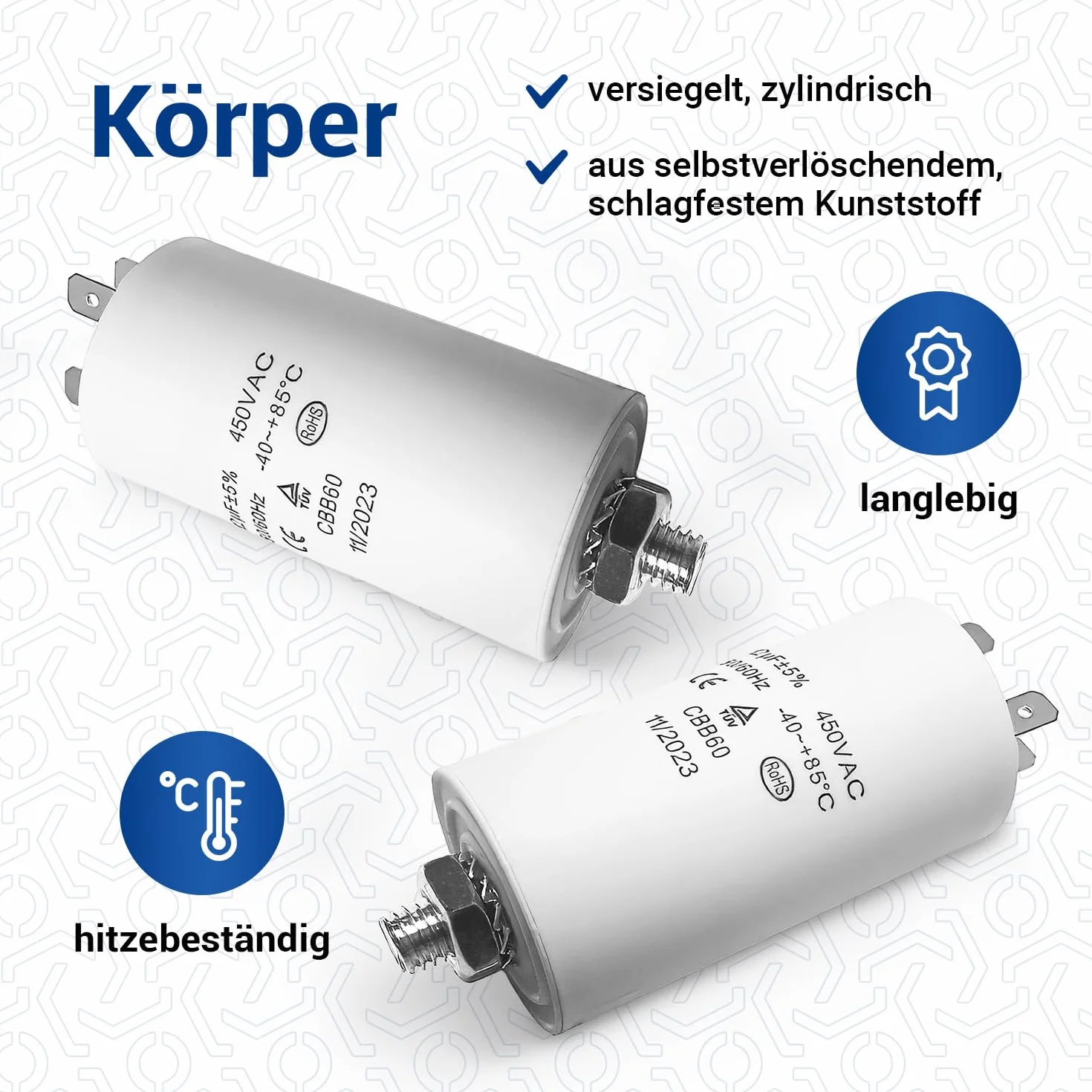 VIOKS Kondensator CBB60 12µF 450V rozruchowy uniwersalny z wtykami AMP 6,3mm i śrubą M8