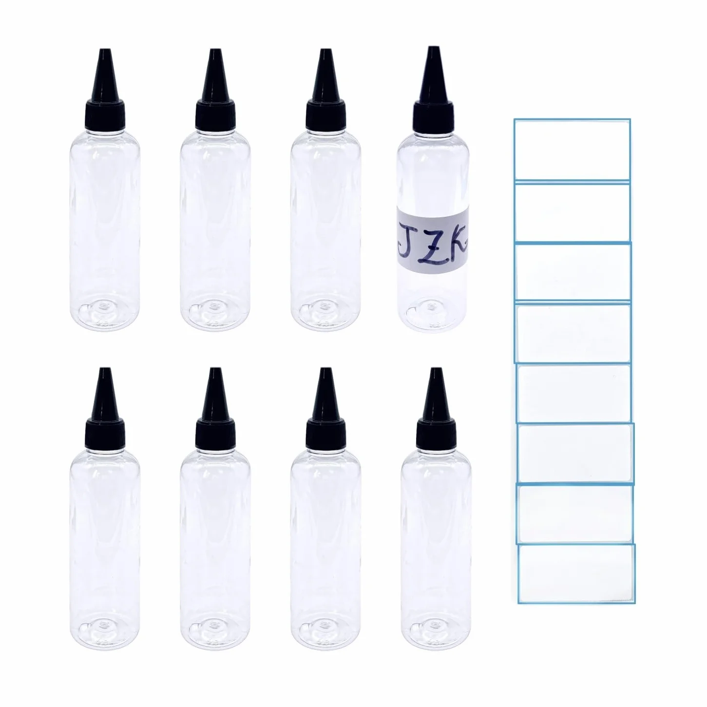JZK 8 x squeezable plastikowe butelki Dropper Bottles 100 ml + 8 x wodoodporne etykiety do projektów związanych z sztuką płynów i e-płynów
