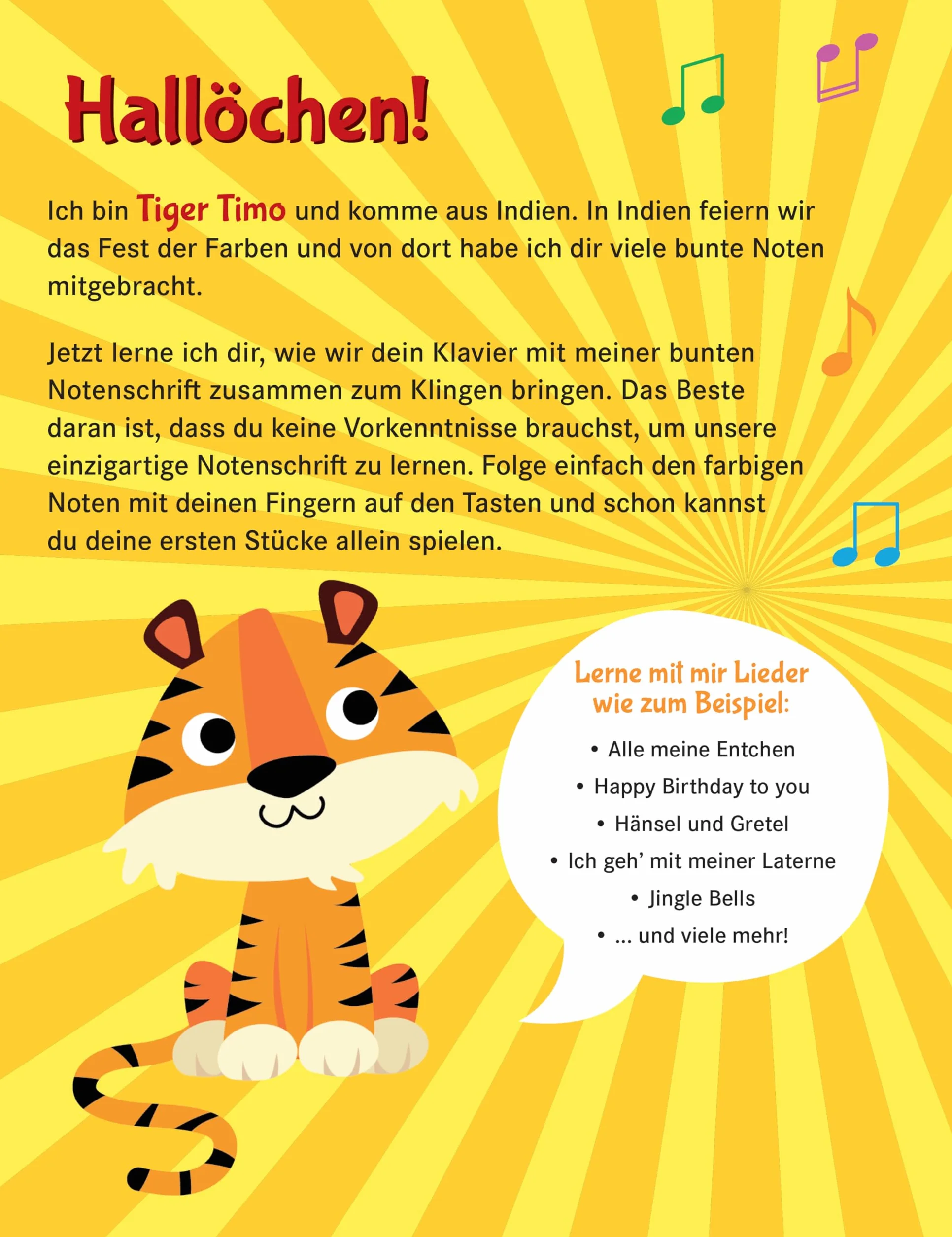 Klavier lernen mit Tiger Timo: 50 Klavierstücke für Kinder mit bunten Klaviernoten – Musikalische Früherziehung für zu Hause mit Rätsel-Spaß, Tasten-Schablonen zum Ausschneiden und Audio-Downloads