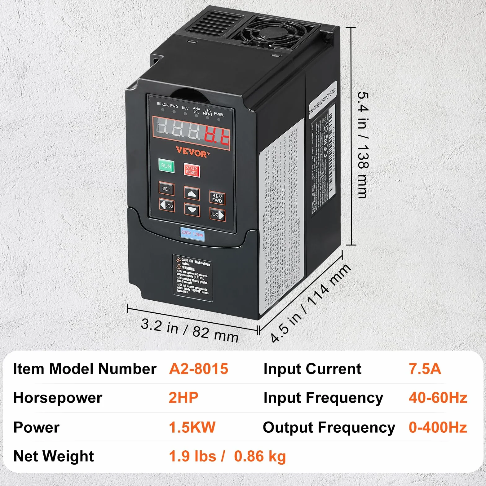 VEVOR VFD 2PS, 1,5 kW, 7,5 A, wejście 220 V jednofazowe trójfazowe wyjście 220 V trójfazowy napęd o zmiennej częstotliwości, wejście 40-60 Hz, wyjście 0-400 Hz VFD do sterowania prędkością CNC Silnik