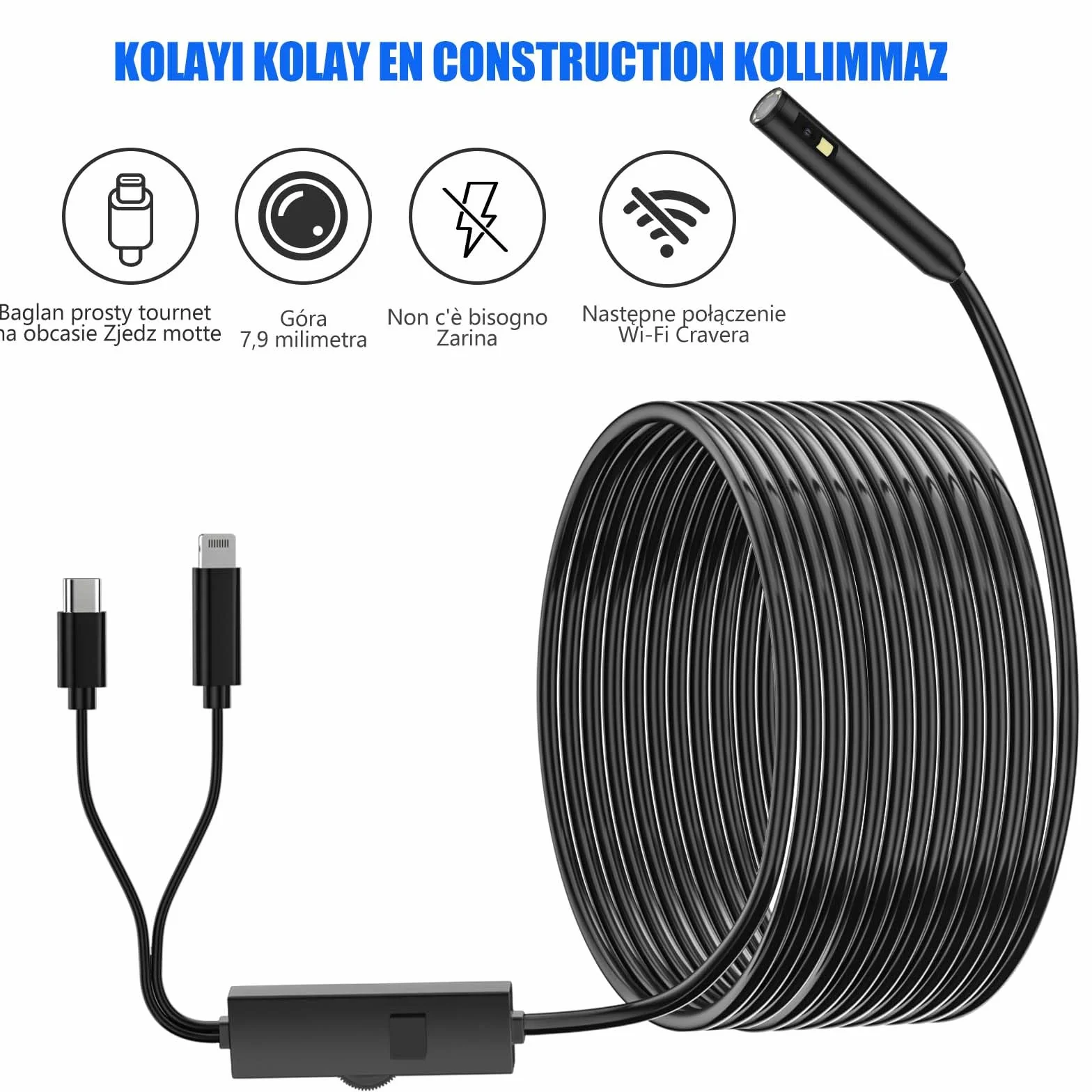 Kamera endoskopowa z dwoma obiektywami,Kamera endoskopowa1920P Obiektyw 7,9mm Kamera endoskopowa 8+1 diod LED,IP67 Wodoodporny,Obrót o 360 stopni Kompatybilny z iPhone/Android, kabel 5M