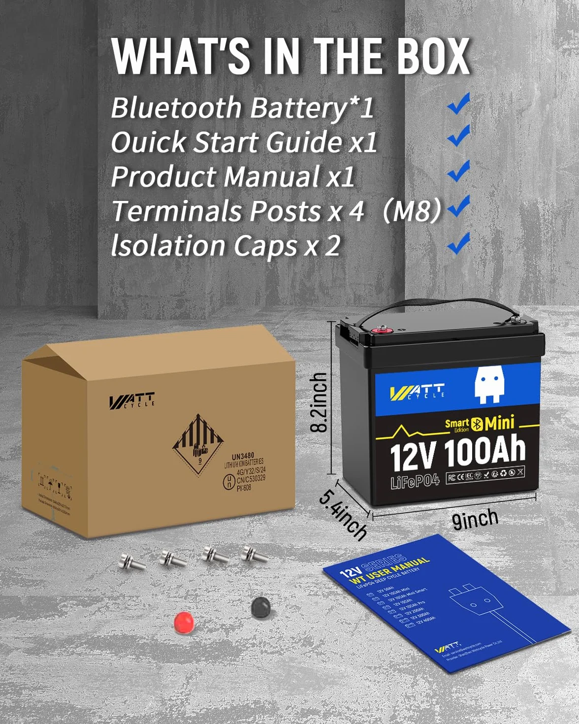 WattCycle Bateria litowa 12V 100Ah LiFePO4 z Bluetooth BCI Group 24 Smart BMS 15000 cykli