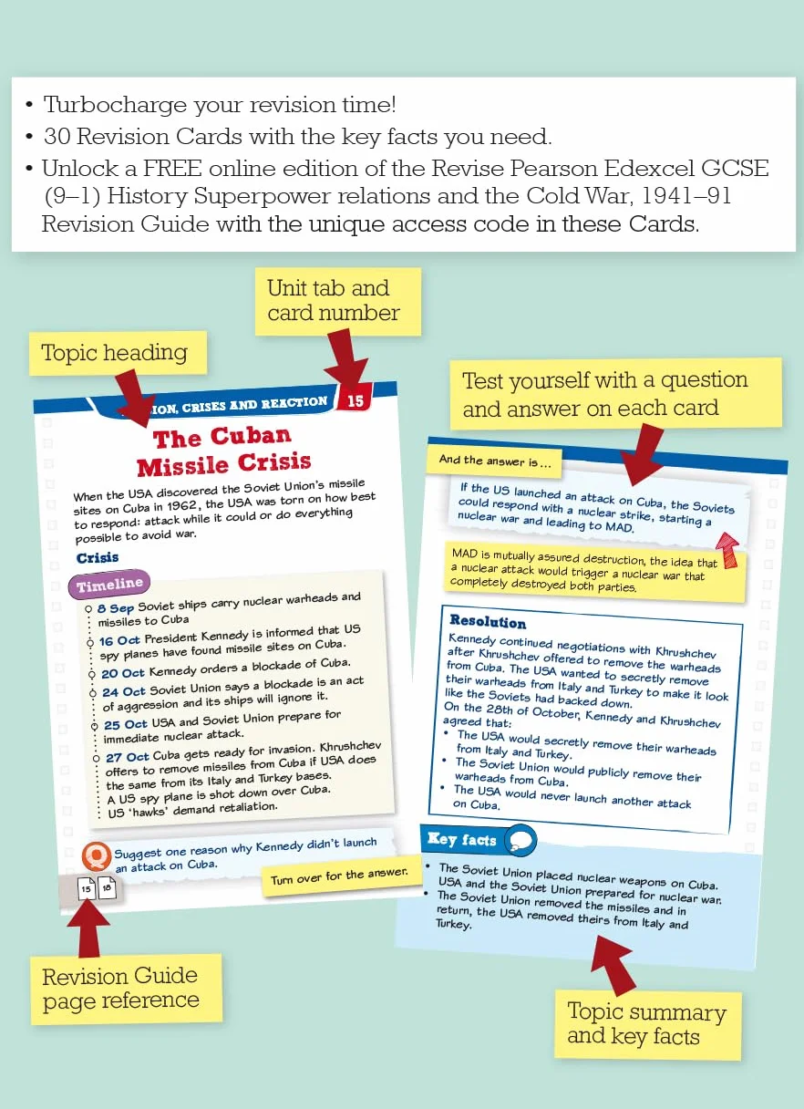 Revise Edexcel GCSE (9-1) History: Superpower Relations and the Cold War Revision Cards: with free online Revision Guide and Workbook