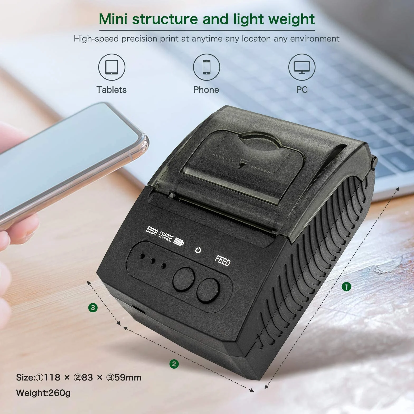 NETUM Drukarka pokwitowań Bluetooth, przenośna mini termiczna drukarka POS 58 mm bez etui, kompatybilna z systemem Android/Windows