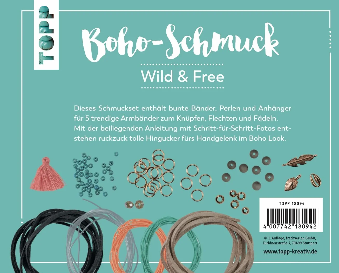 Boho-Schmuckset Wild & Free (Türkis/ Lachs): Anleitung und Material für 5 Armbänder im Boho Look zum Selbermachen. Bänder, Biegeringe, Perlen und Anhänger. Nickelfrei