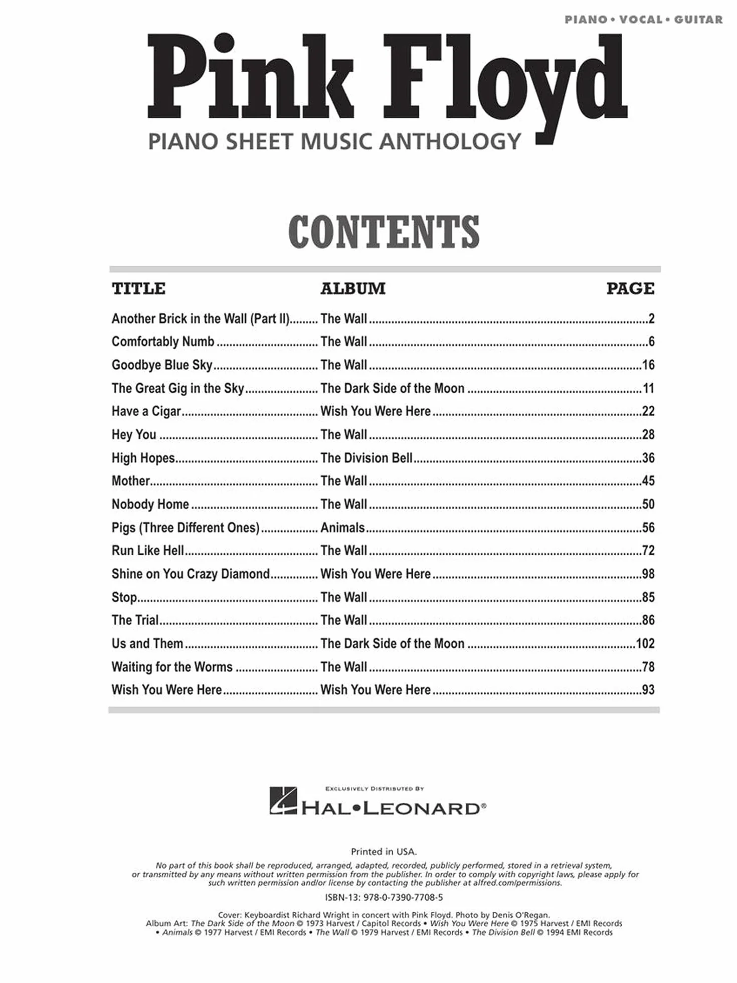 Pink Floyd Piano Sheet Music Anthology: Piano/Vocal/guitar