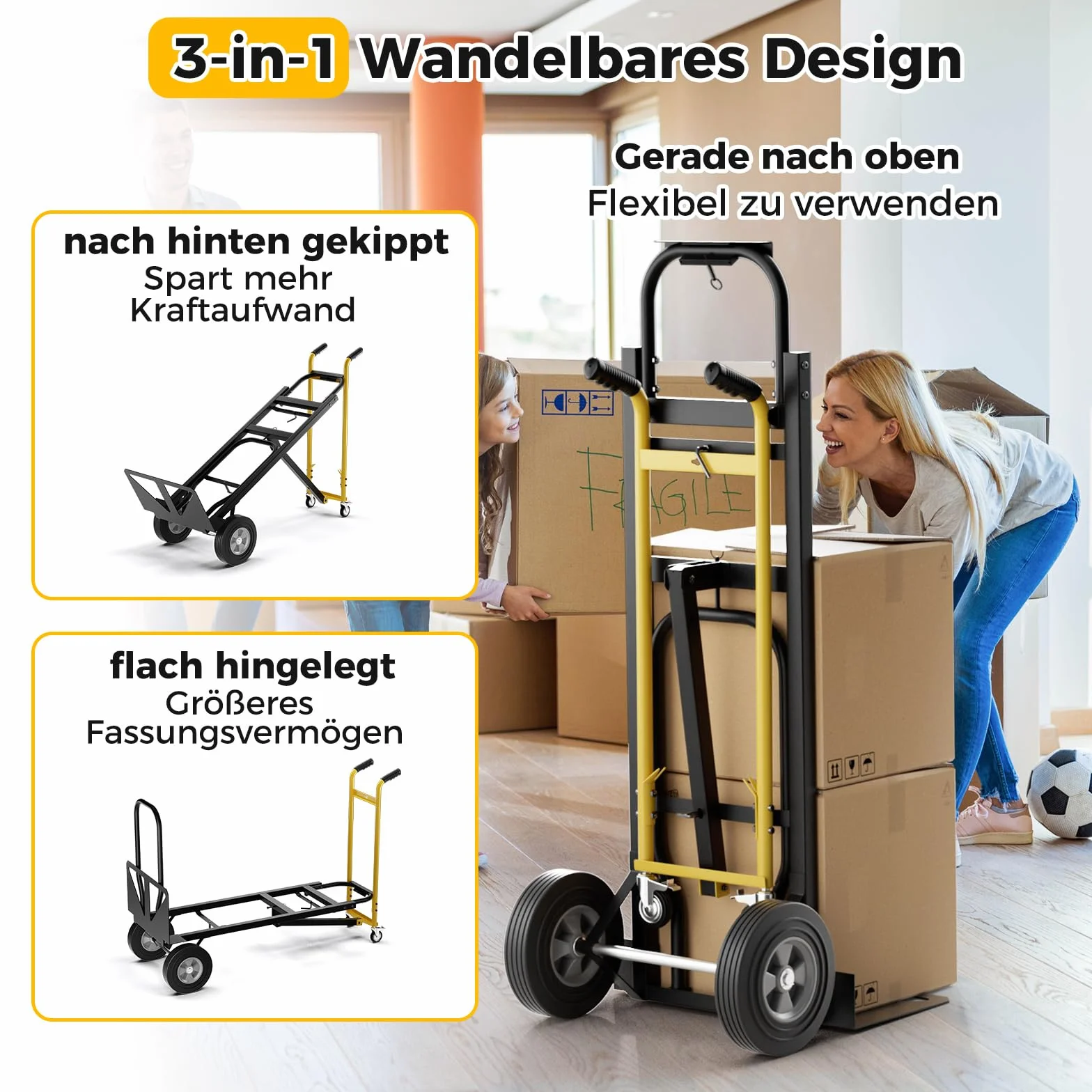 COSTWAY Wózek ręczny 3 w 1 składany wózek transportowy może udźwignąć do 360 kg/450 kg, wózek ręczny z 4 gumowymi oponami wraz z liną łączącą powierzchnia ładunkowa 25 x 29 cm / 130 x 38 cm, czarny