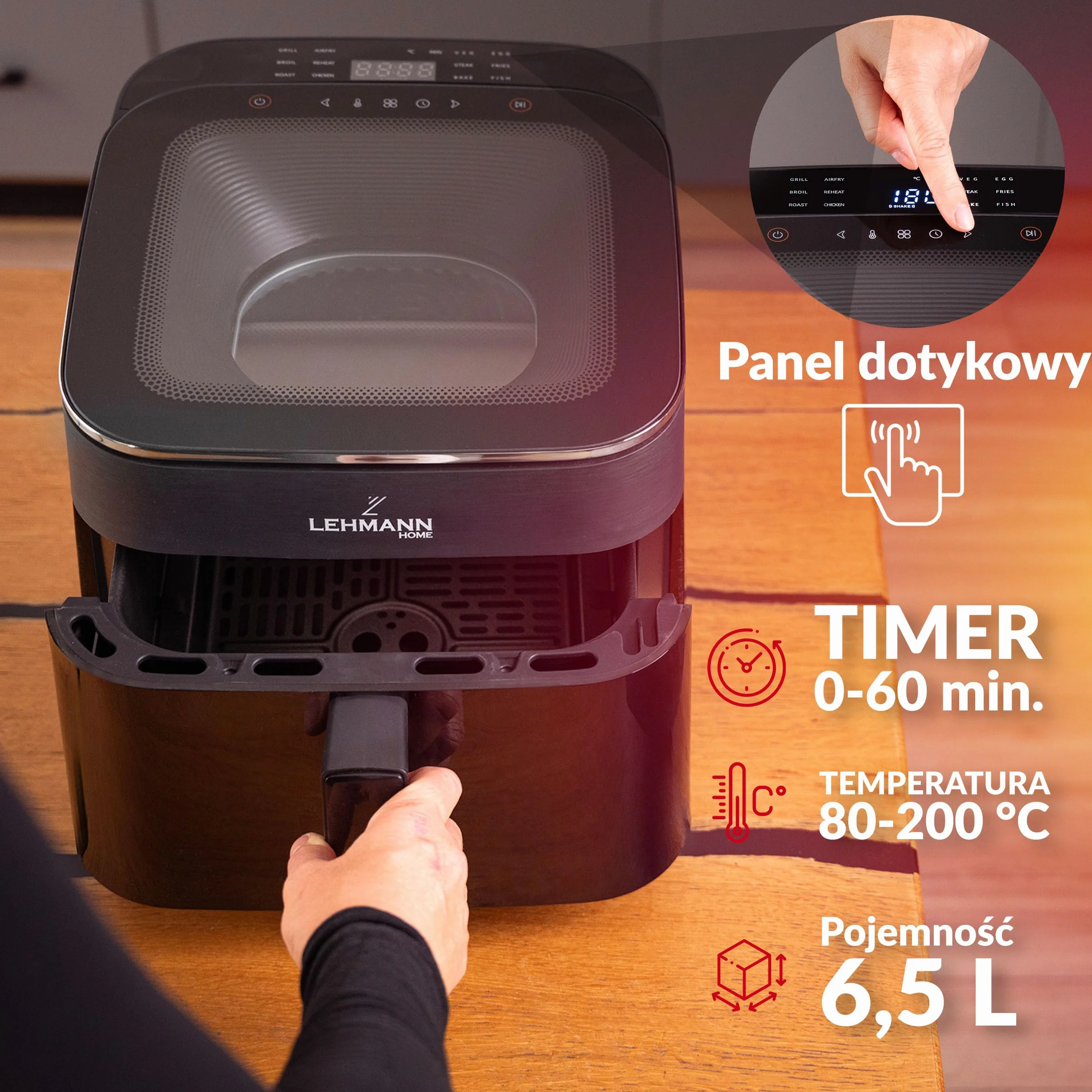 LEHMANN XL frytkownica beztłuszczowa 6,5L, Air Fryer z górnym panoramicznym oknem widokowym i oświetleniem, ekran dotykowy, 12 programów, przypomnienie o mieszaniu, antyspalające rusztowania nadające