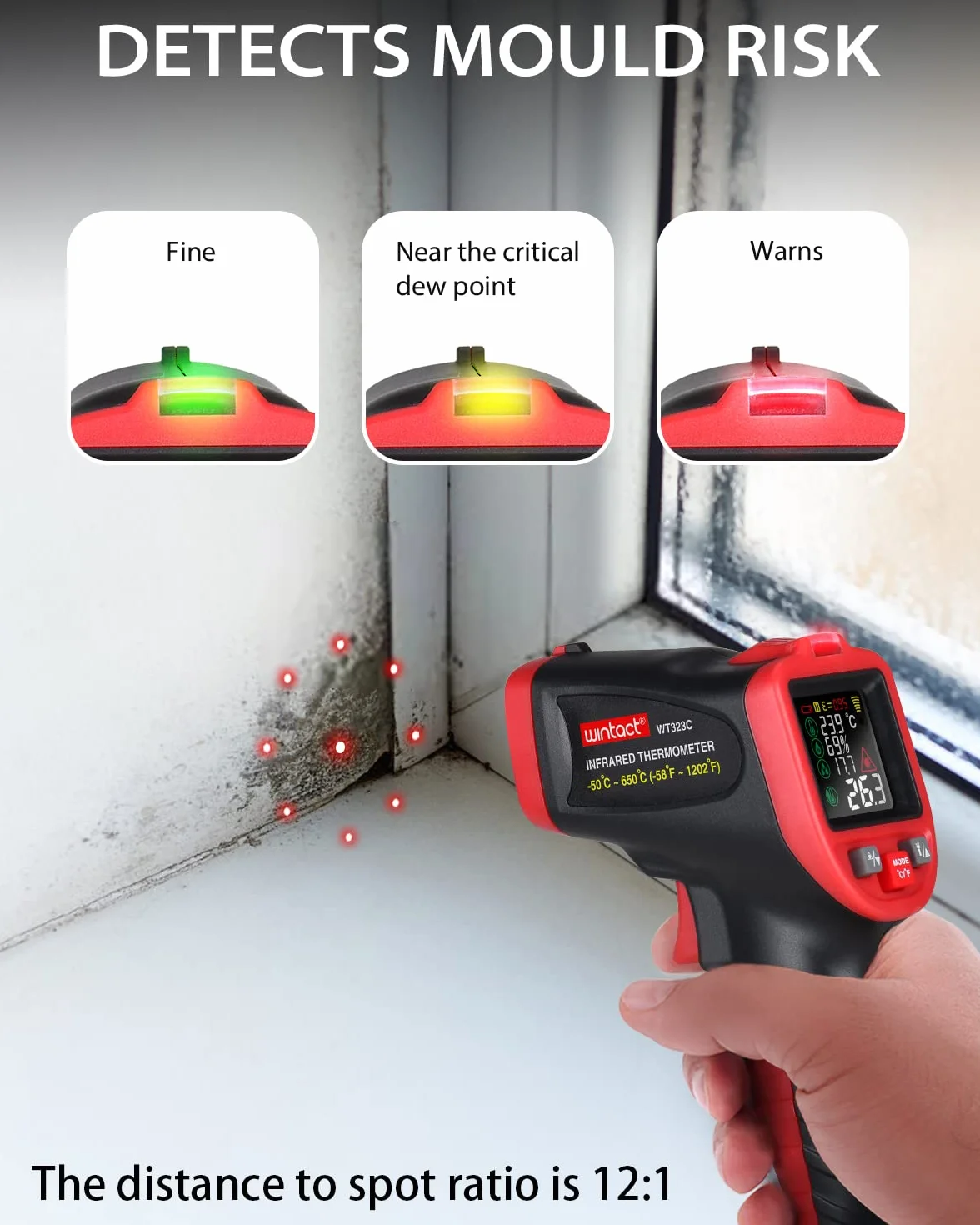Wintact IRTermometro Igrometro Laser Digitale Superfici -50℃~650℃ con Sonde di Temperatura a Termocoppia di Tipo K per Cucina Frizer
