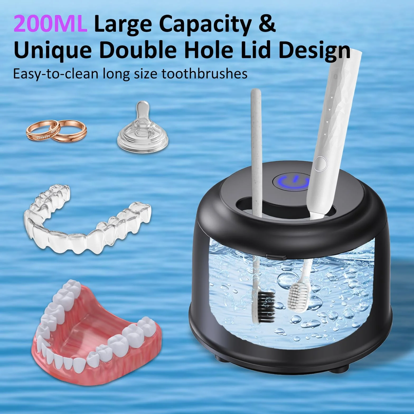 Ultrasoniczne urządzenie do czyszczenia zębów 45000 Hz, 200 ml, 4 tryby, 25 W, ultradźwiękowe urządzenie do czyszczenia szyn zębowych, protez, protez, protez, główki szczoteczki do zębów (czarne)