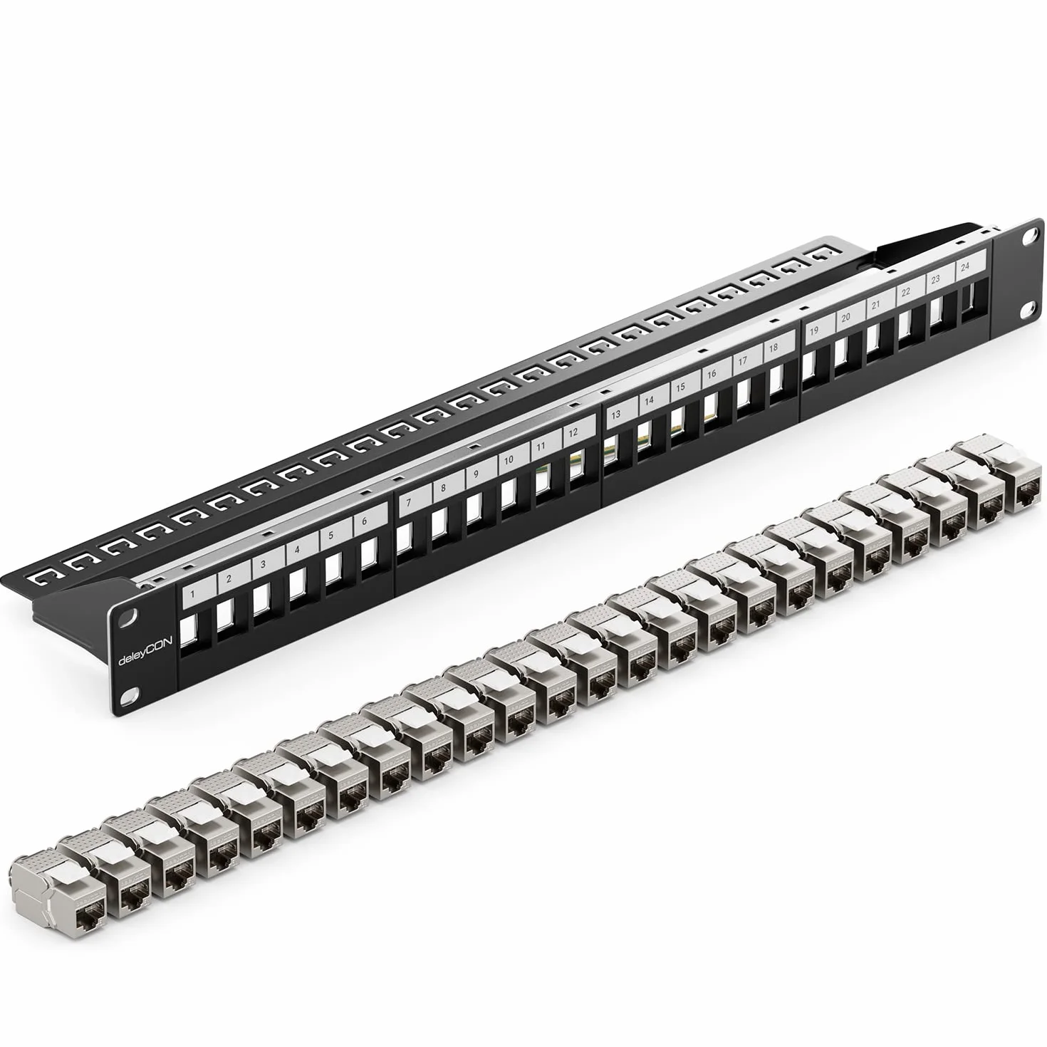 deleyCON 24 Portów Zestaw Paneli Patch Pole Łatki Modułowy 1 HE 19" Calowy Montaż w Szafie + 24x RJ45 Keystone Moduły CAT6a Kompatybilny z CAT5 CAT6 CAT7 LAN Kabel Sieciowy Kabel do Układania Czarny