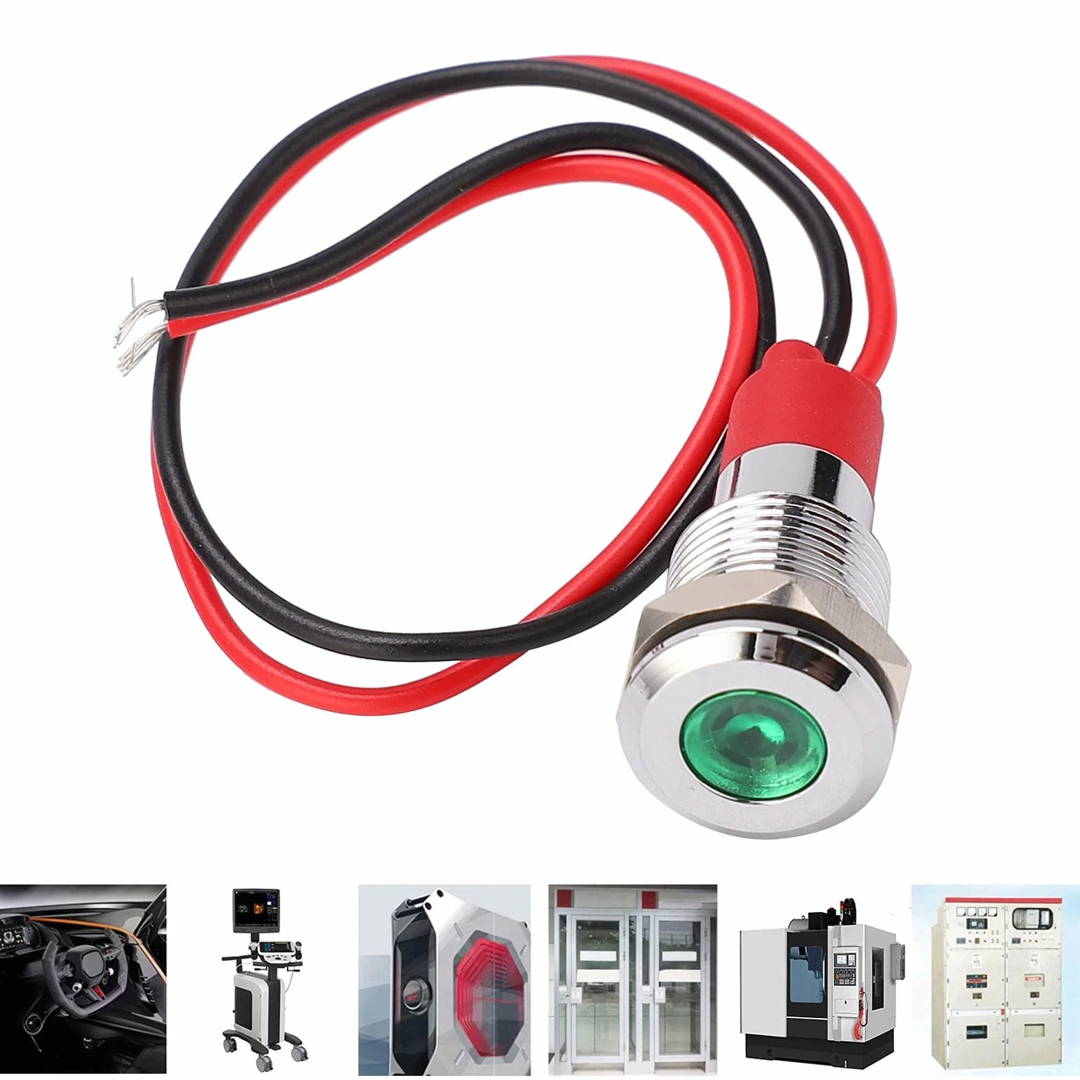 Metalowa lampka kontrolna LED 10 mm Zielona 140 mm 220 V Wodoodporna Pyłoszczelna Mosiądz niklowany