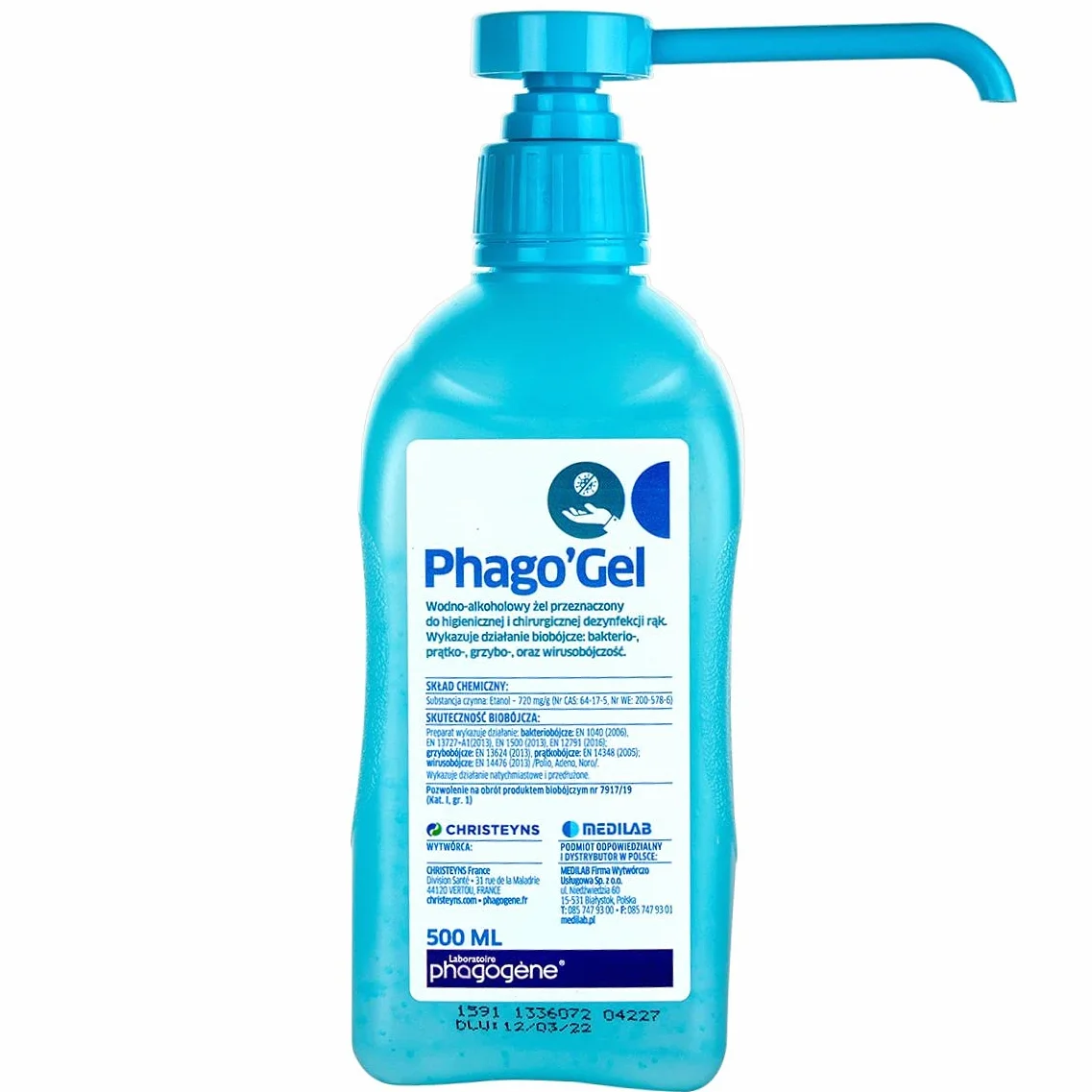 MEDILAB Phago Gel 500ml z pompką Żel do higienicznej i chirurgicznej dezynfekcji rąk- : Standard