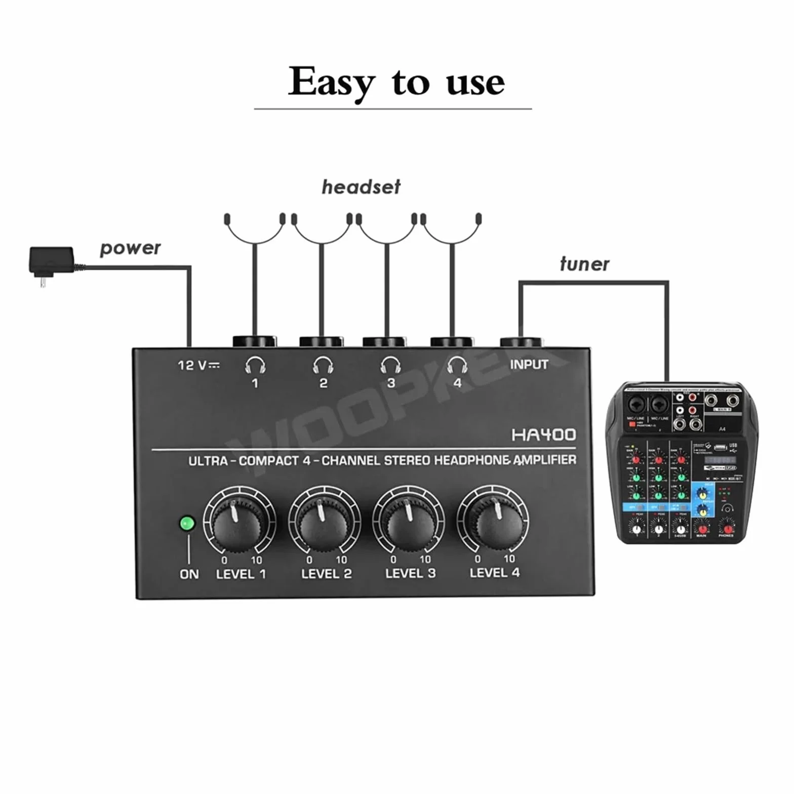 HA400 Headset Amplifier 4-Channel Mini Stereo Headphone AMP Silver