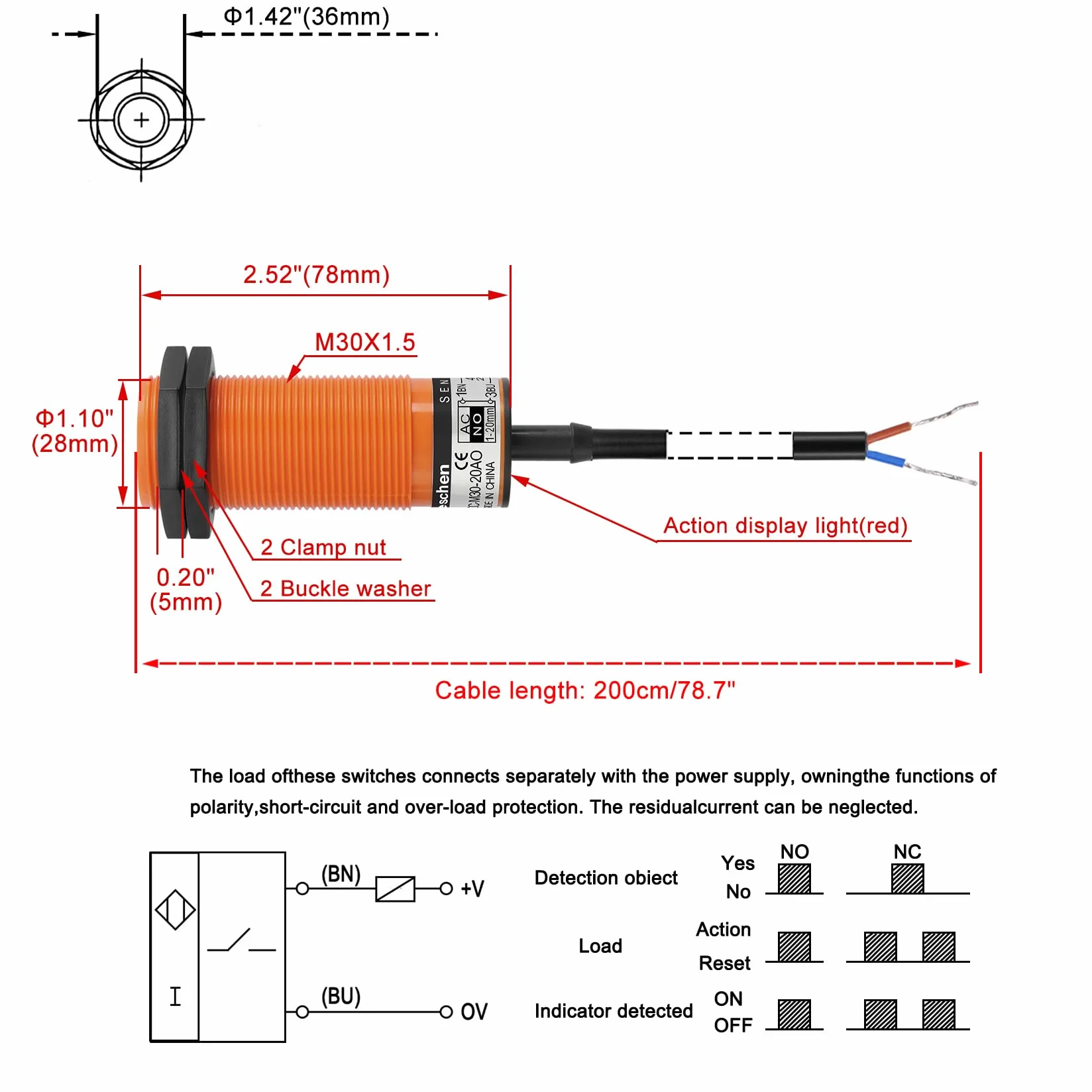 Heschen Pojemnościowy czujnik zbliżeniowy M30 SZC-M30-20AO 20-250 VAC 400mA NO 2 przewody