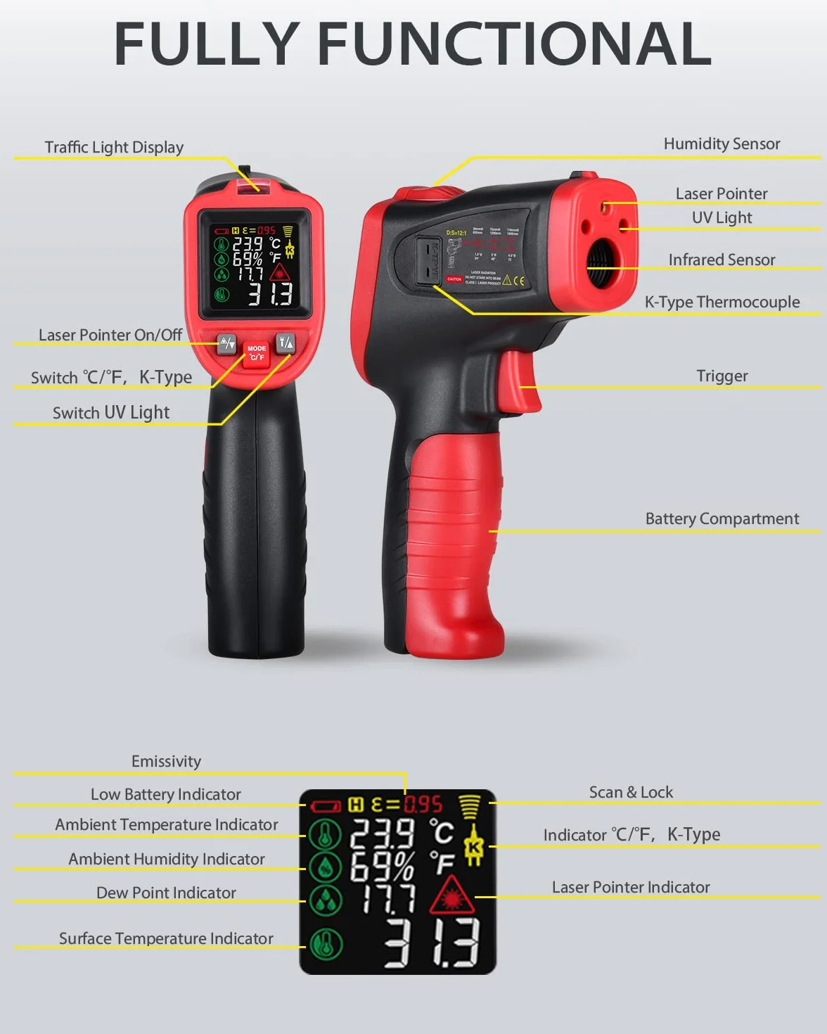 Wintact IRTermometro Igrometro Laser Digitale Superfici -50℃~650℃ con Sonde di Temperatura a Termocoppia di Tipo K per Cucina Frizer
