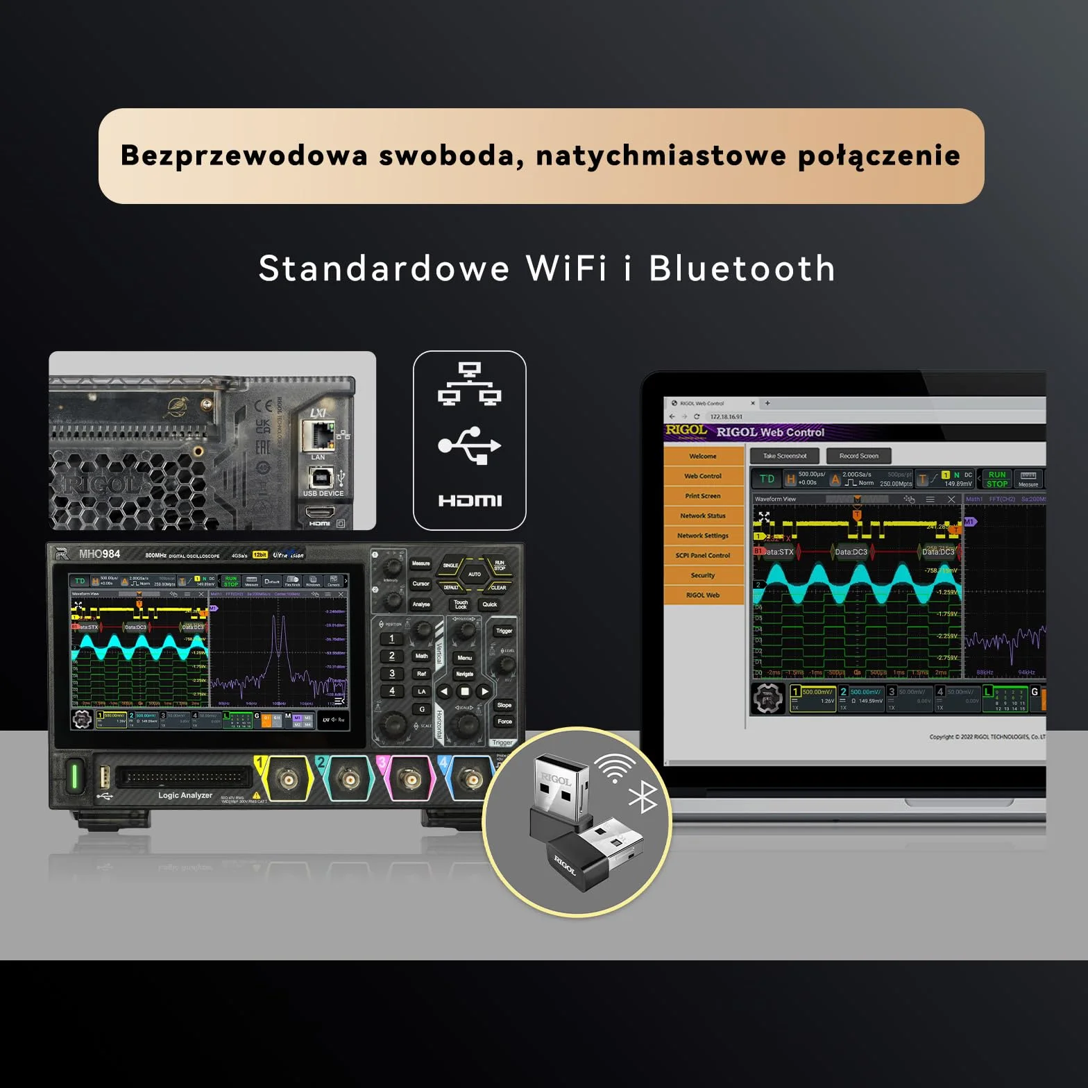 RIGOL MHO984 Oscyloskop Cyfrowy, 800MHz, 4GSa/s, 12-bit, 4+16 Kan, Wi-Fi & Bluetooth, Zasilanie Type-C, Opcjonalny AFG, bez dodatkowych kosztów, Ultra-przenośny