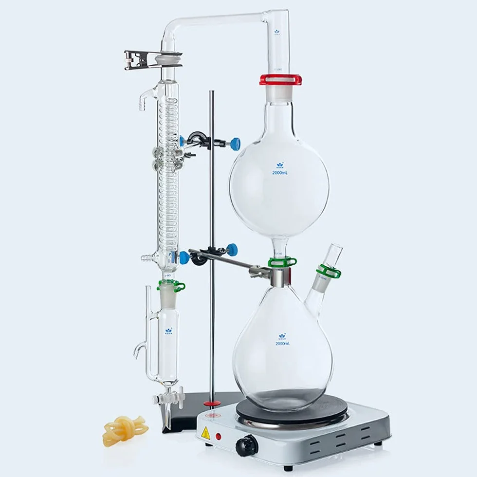 Urządzenie do destylacji oleju laboratoryjnego, Zestaw destylacyjny szklarskich borokrzelic oczyszczacz wodociągowy z gorącym kuchenką Serpentyna,2000ml