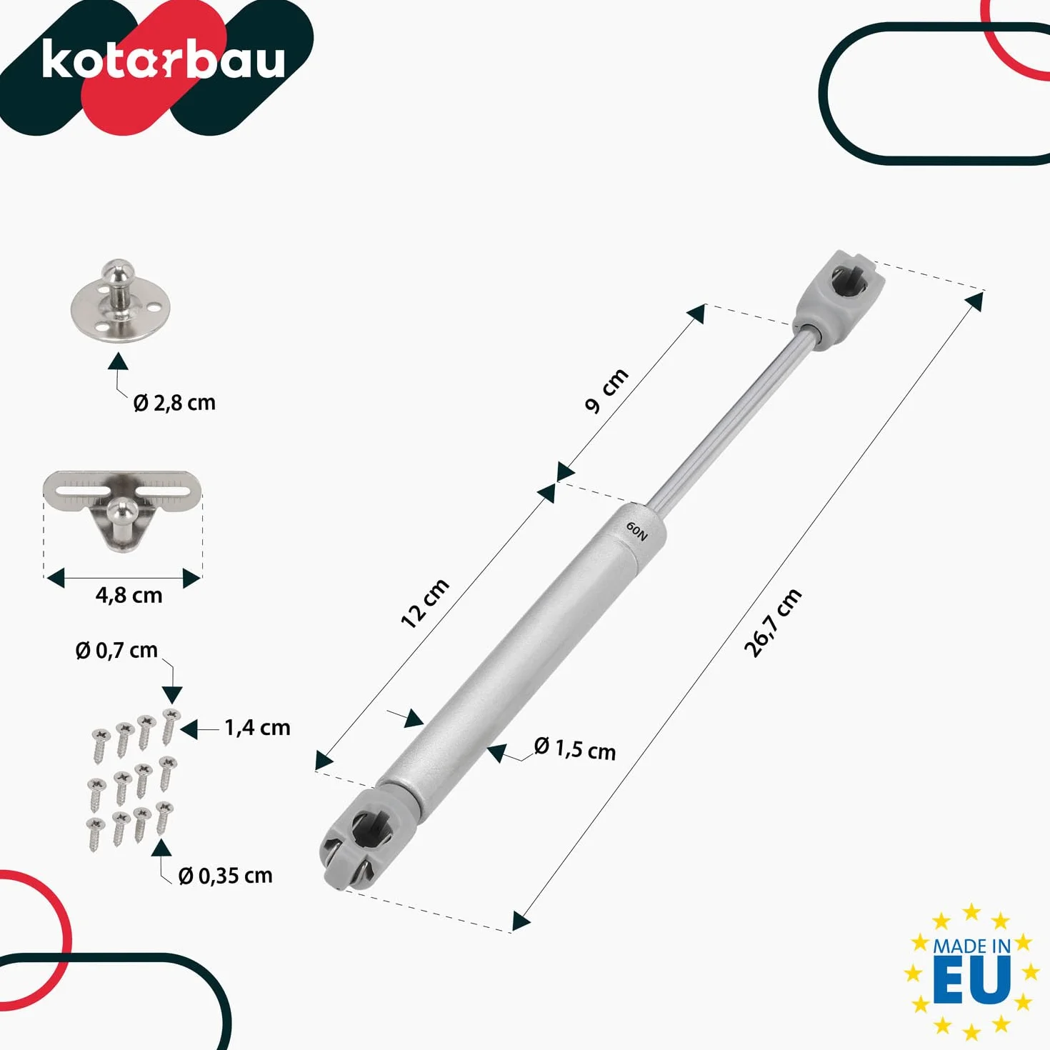 KOTARBAU Zestaw 2 okuć klap, sprężyna gazowa 60 N, amortyzatory meblowe Softclose, srebrny