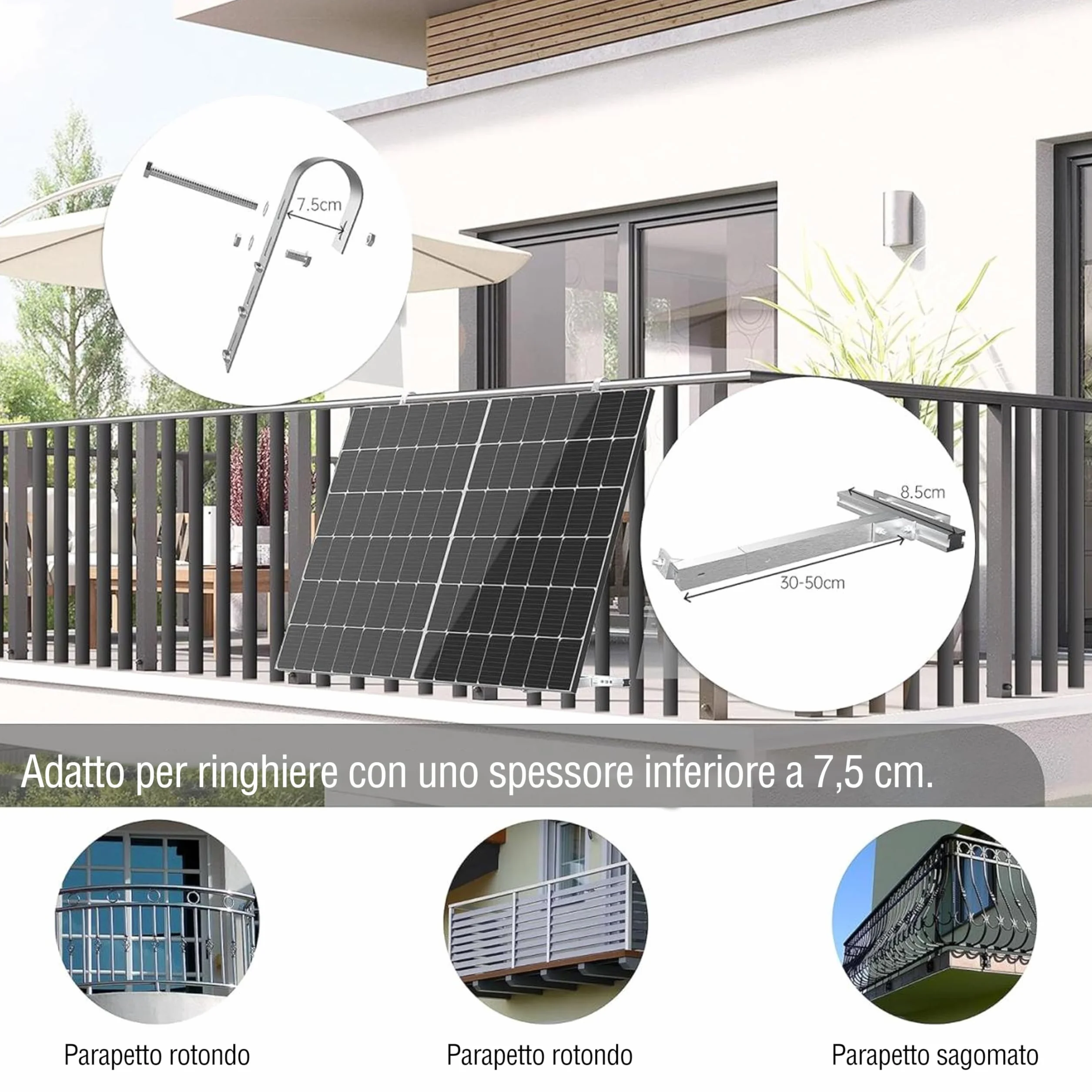 ULL uchwyt balkonowy do wszystkich modułów solarnych I wytrzymały uchwyt na panel słoneczny ze stopu aluminium, mocowanie balustrady balkonowej, regulowany kąt 0° lub 15-30°